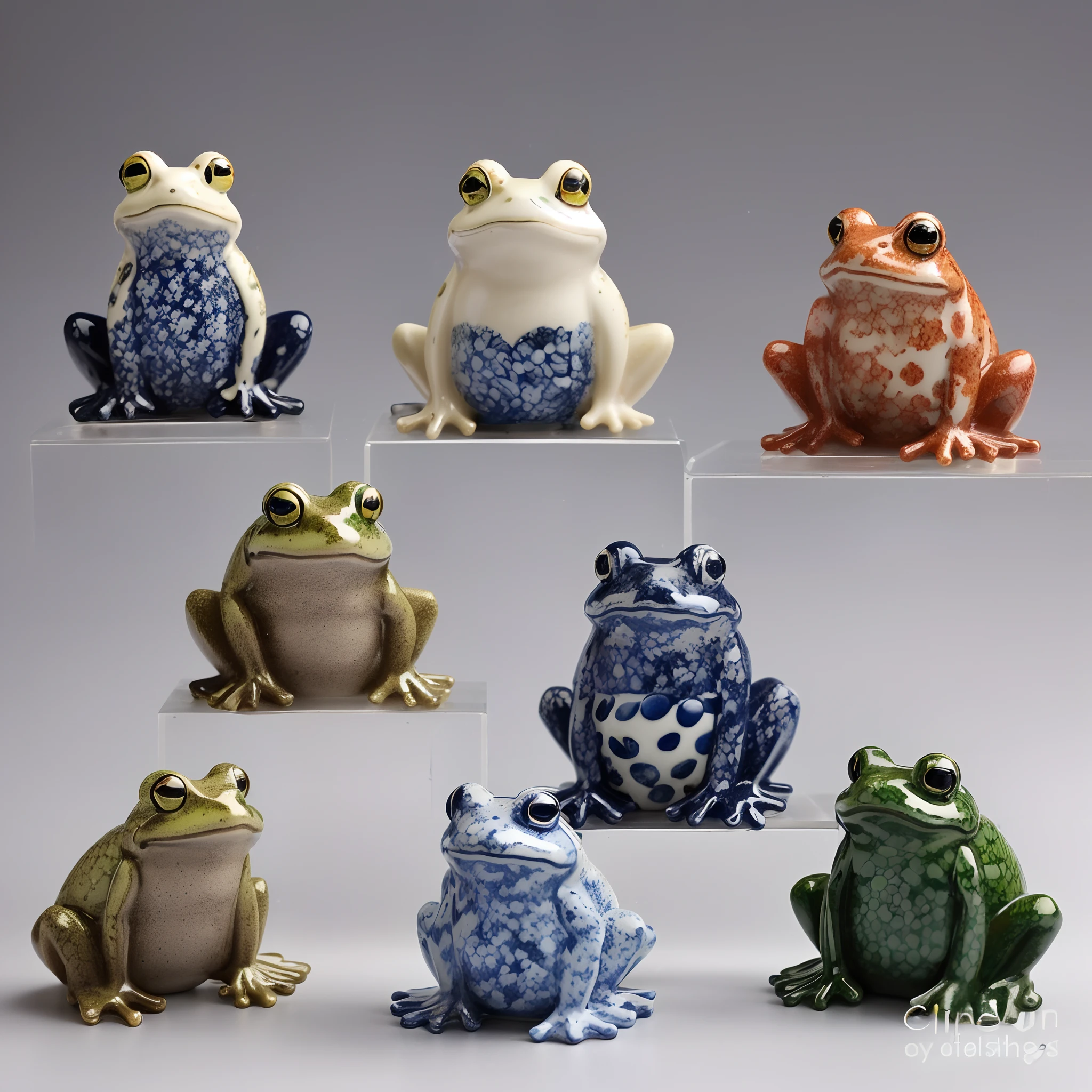 Close-up of a group of ceramic frogs on a shelf, frogs, author:Tan Yang Kano, amphibian, toads, miniature porcelain model, cute decapodiformes, 70's, 70's, frog themed, author:Kishiganku, miniature frog, author:Matsumoto Taiyo, shape of frogs