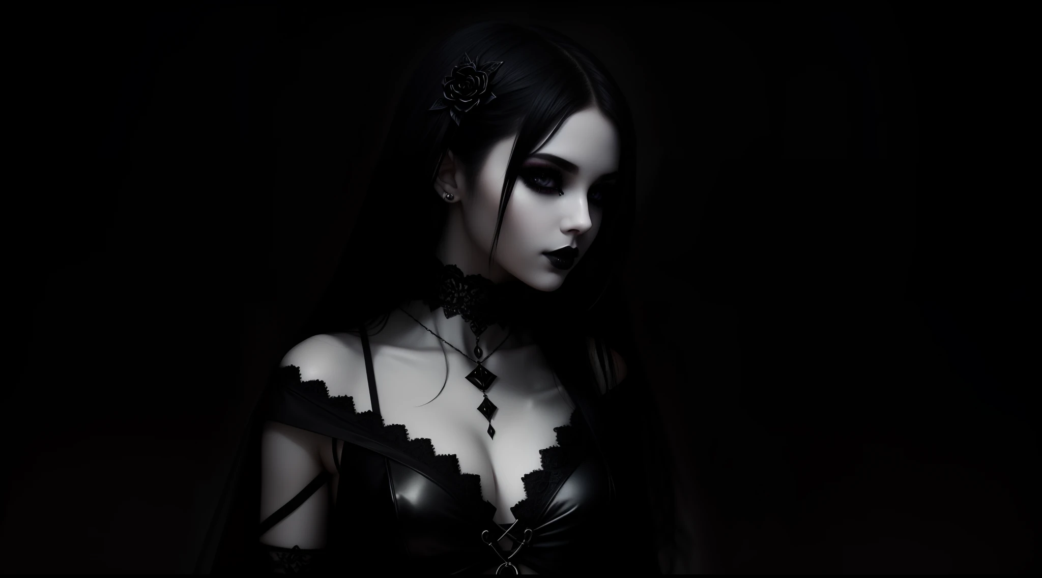 attractive gothic girl, Aesthetic body, flat chest, goth aesthetic, mist, haze, eye shadow, light effects, Mysterious appearance, High contrast, ebony, detailized face, ultradetail, hyper realisitc, Skinny young
