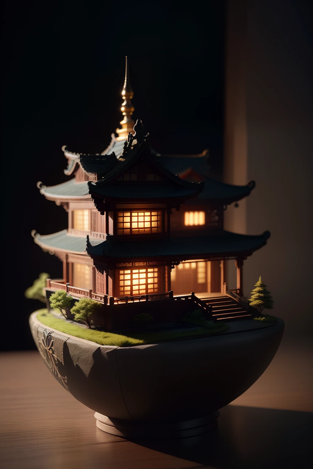 best quality, realistic, photorealistic, ultra detailed, Miniature landscape，Chinese architecture，Immortal Mansion， ceramics, Ultra wide angle,Accent Lighting,Volumetric Lighting,backlighting, (detailed light),((an extremely delicate and beautiful)),dramatic_shadow,ray_tracing,hdr