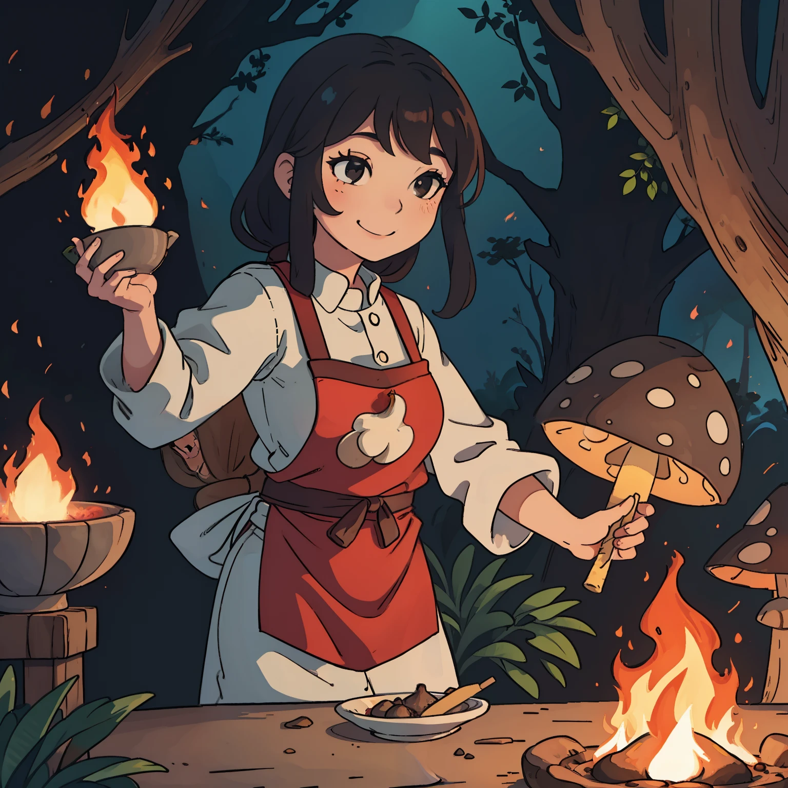 A cheff woman putting fire in a lotf of big mushrooms black hairy asian smiling