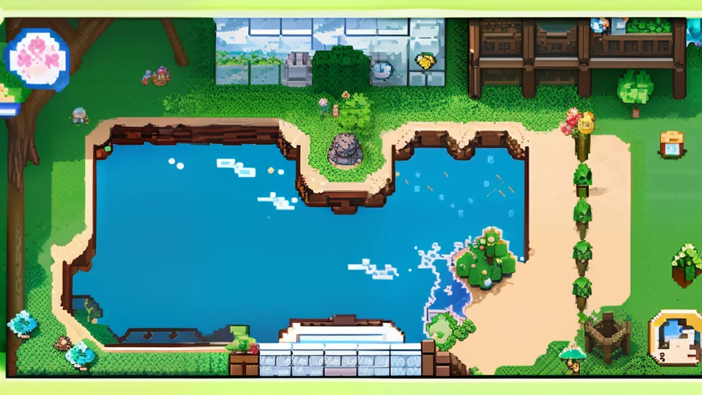 鸟山明风格,Flat pixel games《dragon quest》,Game scene design,(a paradise:1.4),16-bit pixels