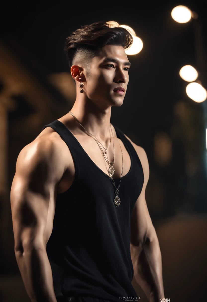 8k, masterpiece, RAW photography, best quality, photorealistic, highly detailed CG unity 8k wallpaper, depth of field, cinematic light, lens flare, ray tracing, (extremely beautiful and charismatic face, beautiful lips, beautiful eyes), intricately detailed face, (ultra detailed skin), 1 man, in nature, in deep shadows, beautiful European male, kpop idol, 1 male, (very strong and muscular body:1.3), (looking at audience), (great determined look) :1.3), (sleeveless), (fashion city night, dark night, neon signs, blurred background), fashion street night, (people in back:1.3), beautiful earrings, bracelets, necklace, pantyhose, clear eyes, walking, (pale skin), (big eyes), face forward, (upper body shot), (a loose clothing:1.3), (brown hair), (bosh clothing, (transparent), (looking at audience:1.3) very strong ,, turning his back, (back shot), transparent, medium-sized hips.