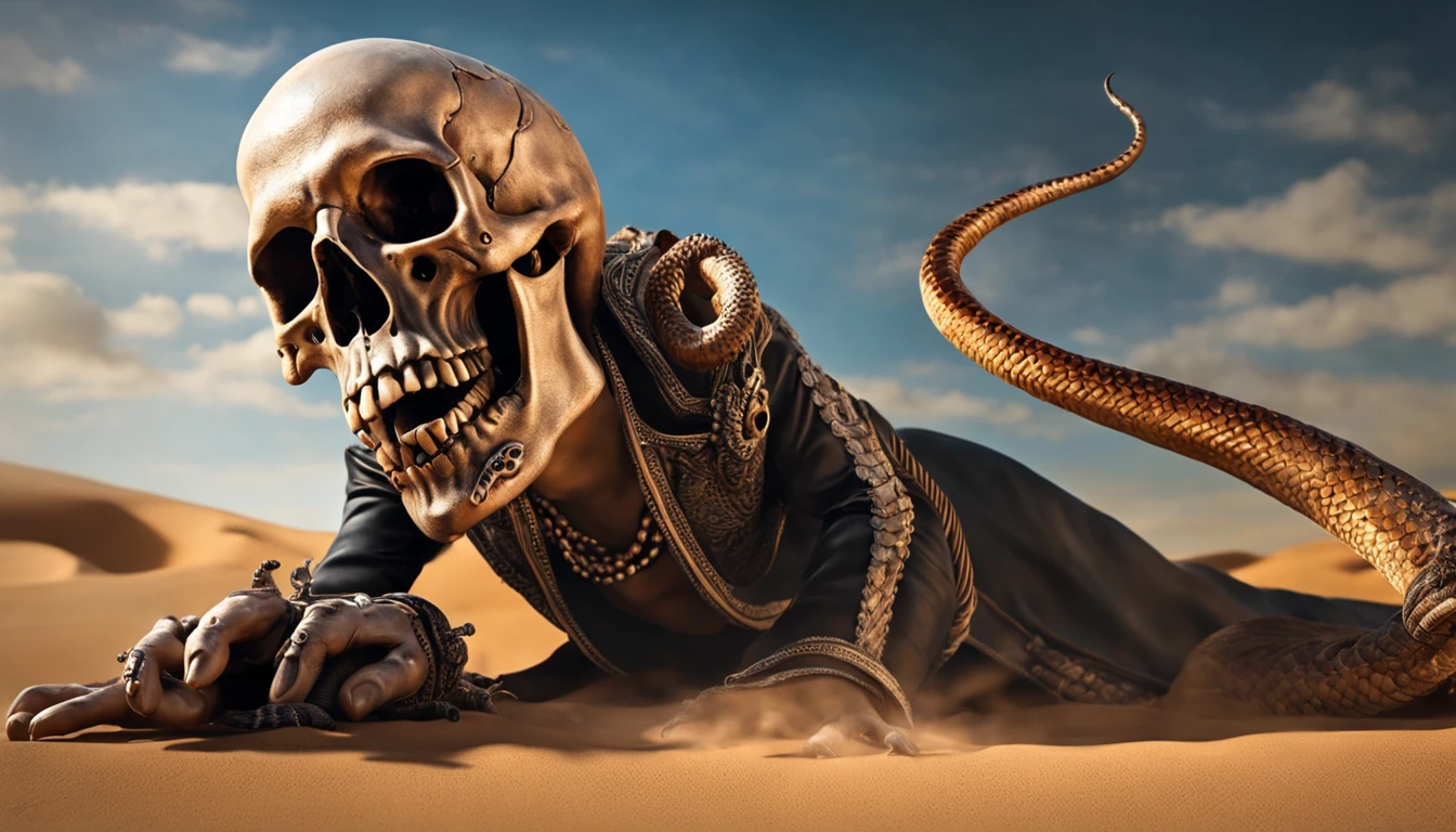 make a desperate unhappy man, symbolizing that he is terrified, crawling in the desert with skulls on his side and a snake biting his foot.((ultra detailed)),((high quality)),((hyper realistic))(( size 1280px by 720px))