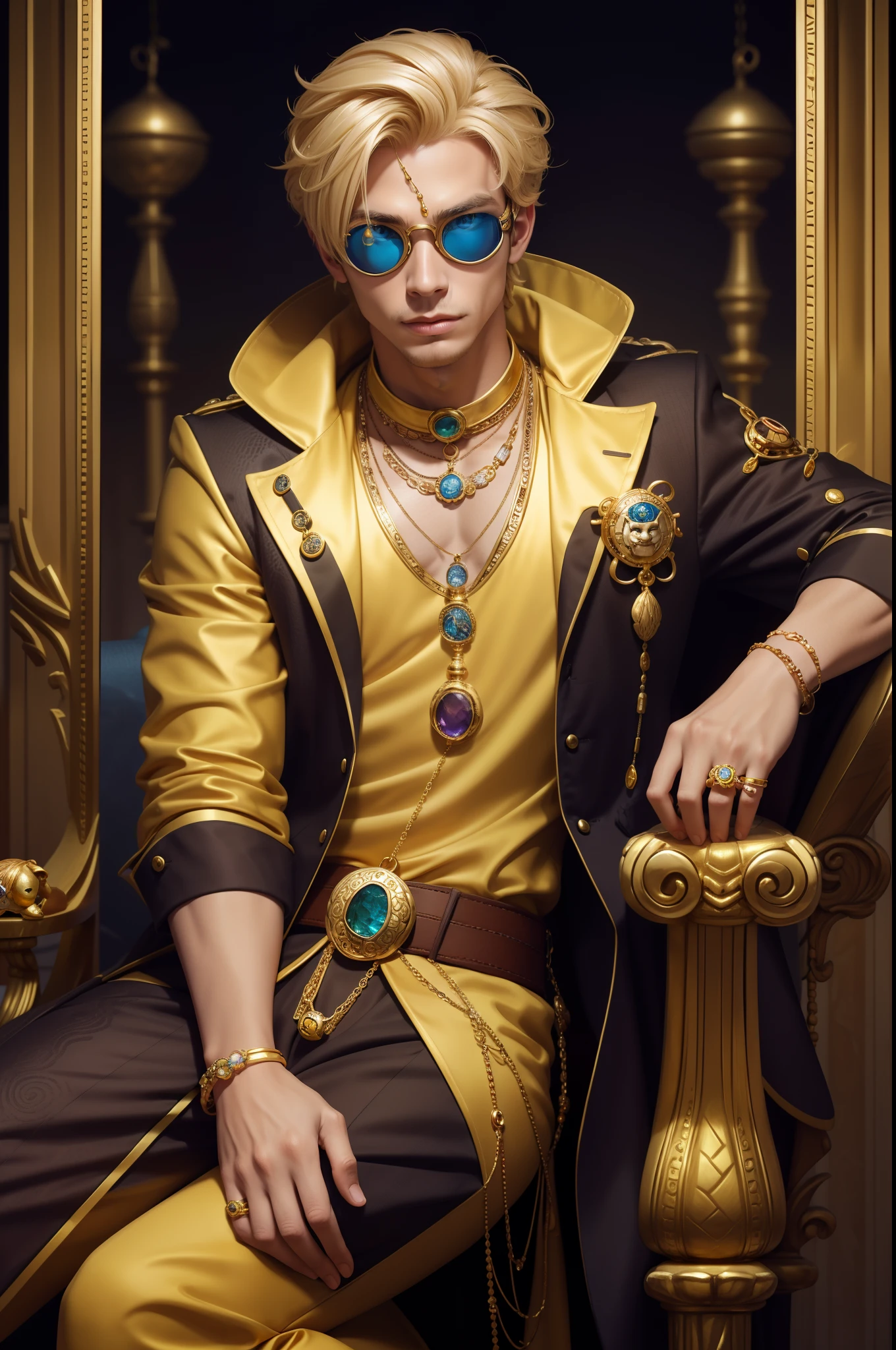 A blonde hair Monkey,anthropomorphic turtle， in fashionable outfit，Wear goggles，A gemstone necklace made of gold hangs around his neck，Jewelry rings on his hands，Sit on a gorgeous throne and look at the screen
