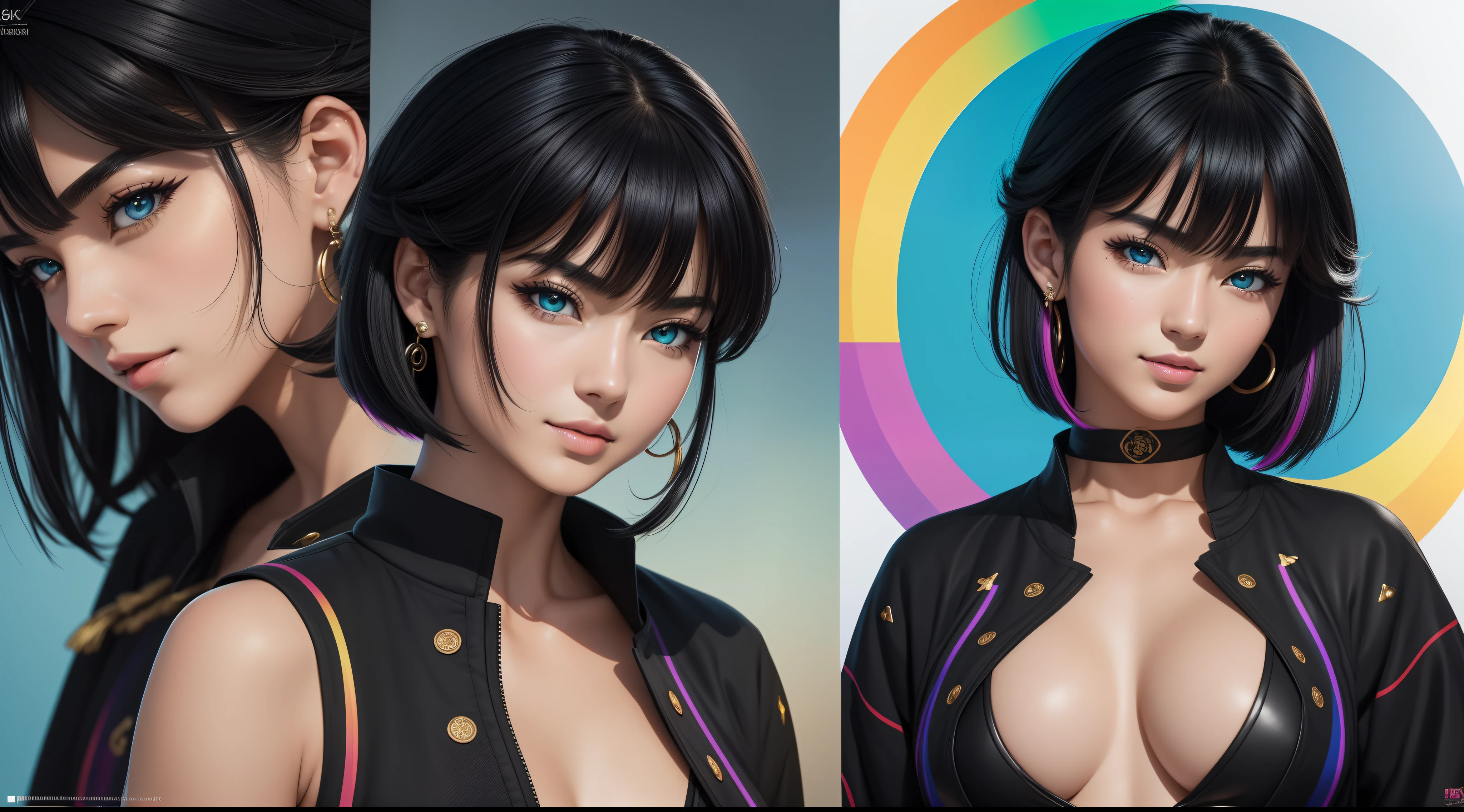 "20 years old cheerful Fubuki is a real masterpiece with feminine beauty, perfect anatomy. Olpntng style, colorful rainbow, black samurai outfit, clean design, epic Instagram, artstation, full full of color paint streaks, circles, contours When you look at her Beautiful eyes you will clearly see every little detail and perfect lines, every detail on the skin is beautiful in 8K quality. Mesmerized by the confidence that radiates from every glance. His head has black hair and his face has been meticulously painted in every detail with 8K image quality."