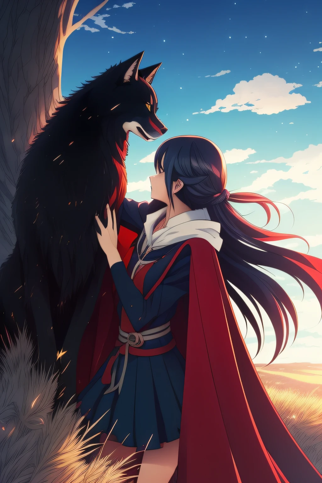 Anime Girl with a Red Cape and a Black Wolf on a Hill, par Kamisaka Sekka, Illustration de style anime, anime art wallpaper 8 k, Satoshi pourrait artstyle, Zerochan Art, Artgerm et Atey Ghailan, Style anime 4 K, Beautiful style of anime art, epic anime style, dark blue and red, par Kamagurka