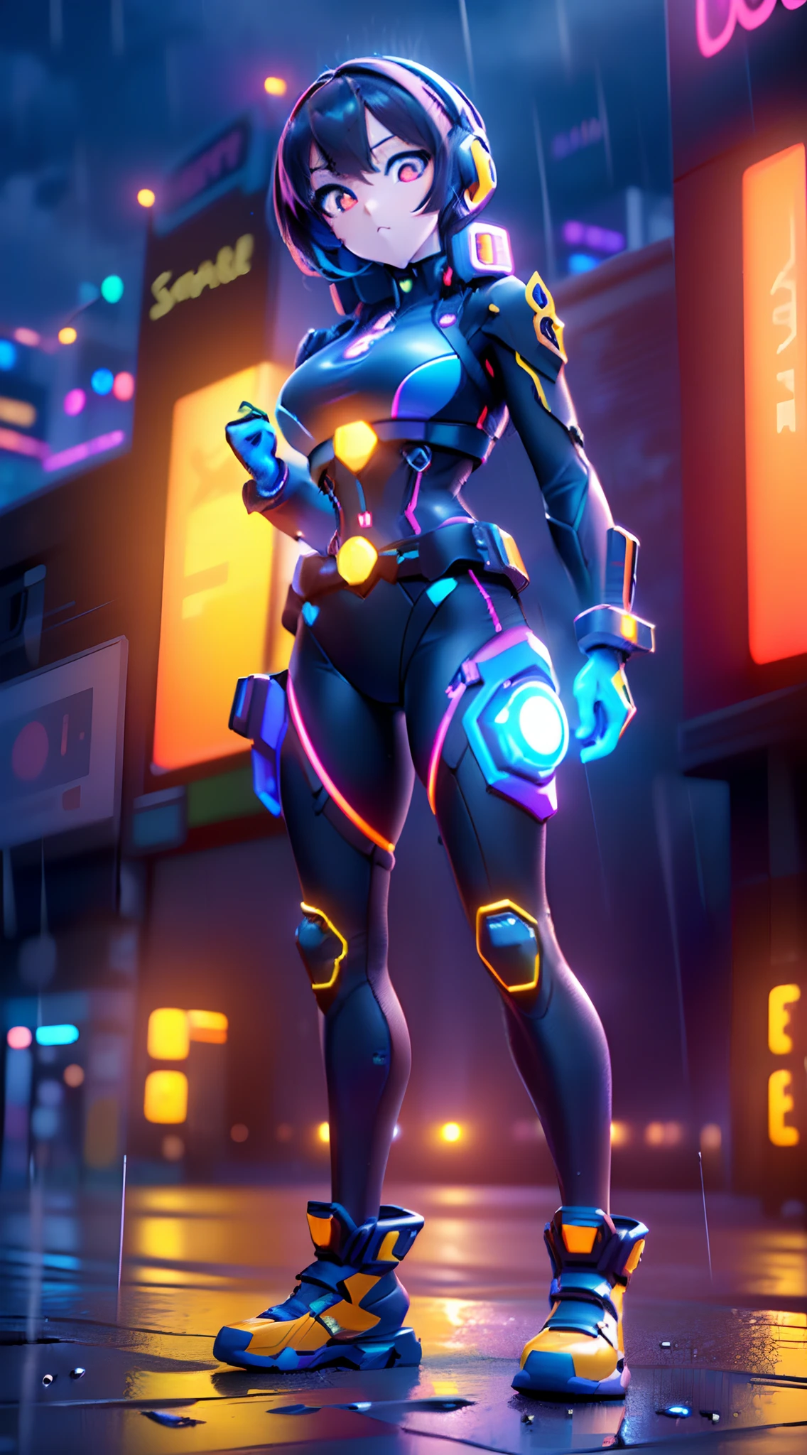 (Dynamic Angle:1.4), ((Full body posing:1.5), (Colorful:1.2), (Highly detailed CG Unity 16K wallpaper:1.1), (Denoising strength: 1.45), (tmasterpiece:1.37), ((Official art)), of the highest quality, (Realistic), cyber punk Girl, cute expression, Glowing eyes, (Blue:1.2), wires, (LED:1.3), (a hologram:1.2), futuristic city street, Neon light, Skyscrapers, (Night:1.2), (Rain:1.2), (Rainbow Model:1.2), 8K resolution, (Anime style:1.3), Cinematic lighting, chromatic abberation, spark of light, Ray tracing, blending, ultra wide-angle, Hasselblad, (masutepiece), (masutepiece), ((Best Quality)), ((masutepiece)), nffsw