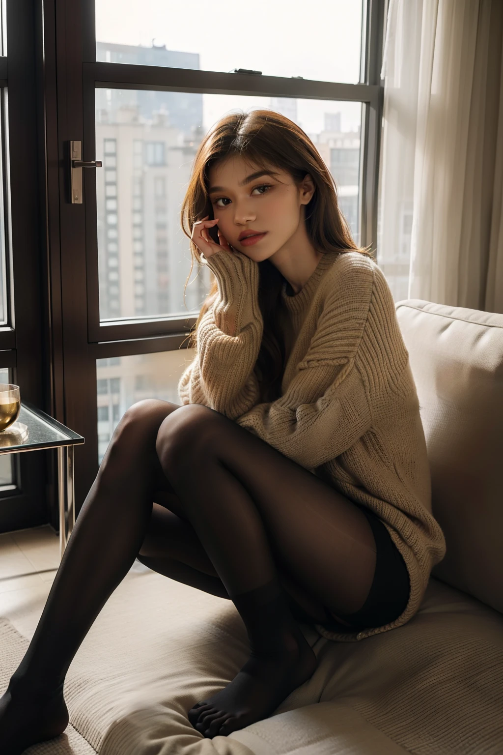 show entire body, feet in view, photorealistic, Zendaya, cozy sweater, pantyhose, no shoes, luxurious apartment, huge windows