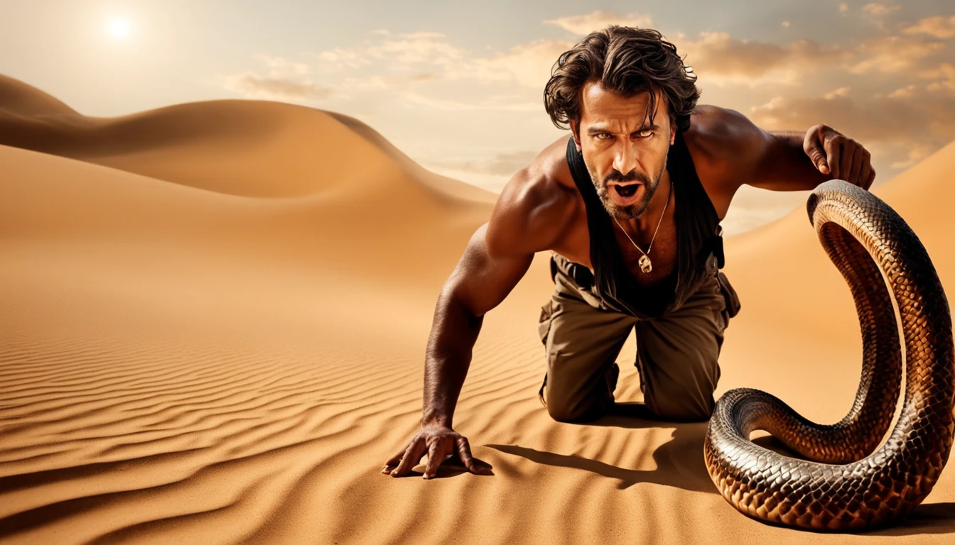make desperate unhappy man, symbolizing that he is terrified, crawling in the desert being chased by snakes ((ultra detailed)), ((high quality)), ((hyper realistic)) ((size 1280px by 720px))