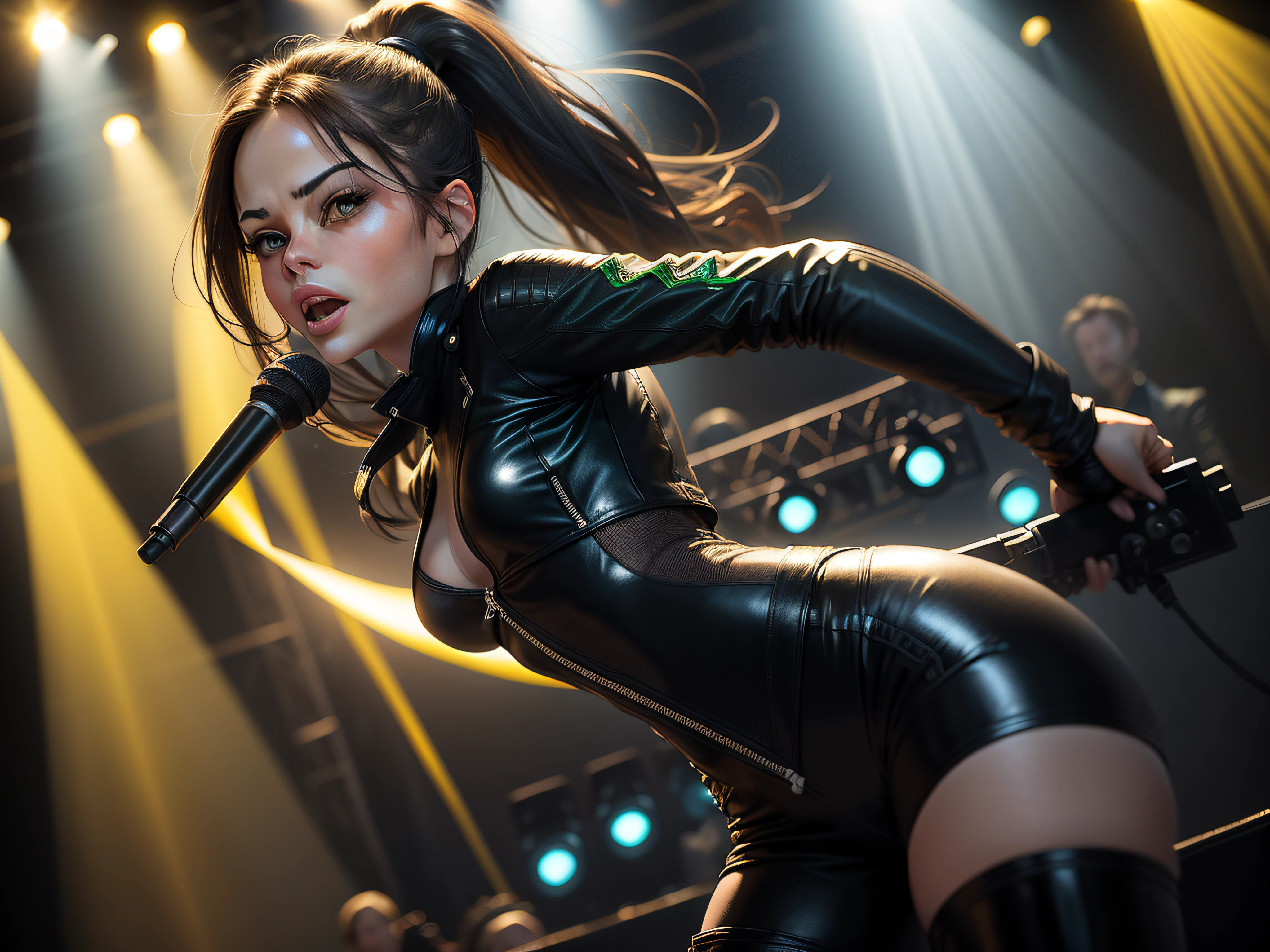 Kristin Kreuk chanteuse pop aux cheveux long, ponytail, and symmetrical green eyes, dressed in black leather pants and a yellow and black leather jacket, avec un angle dynamique, captured in a very detailed cowboy shot, exuding a dynamic emotion, with soothing tones and a contrasting mix of light and shadow, tout en soulignant les cheveux, les yeux, the mouth and the action of the subject in a composition that is both pleasing to the eye and stimulating. jolies main parfaites. Music stage with projectors and lasers in the background. golden ratio. posture aggressive