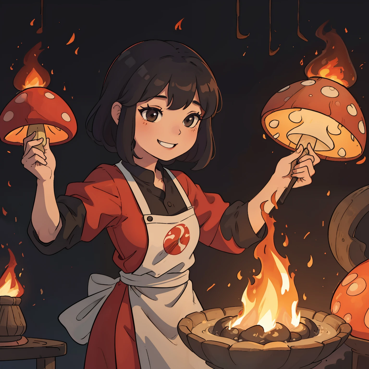 A cheff woman putting fire in a lotf of big mushrooms black hairy asian smiling