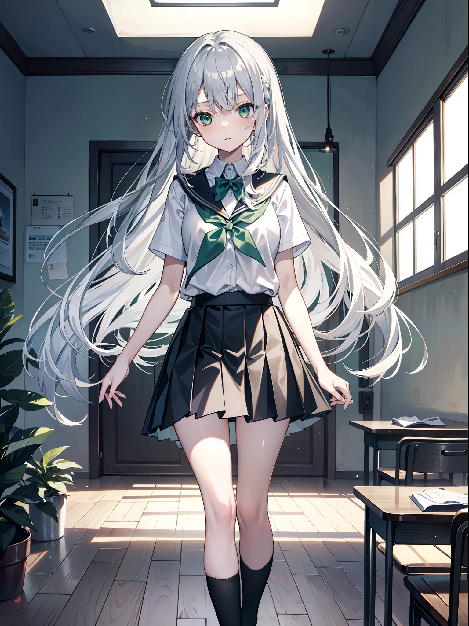 （8K、top-quality、tmasterpiece:1.2)、1 girl in、long straight silver hair、Green eyes、small tits、School Uniform Shirts、skirt by the、Serious face