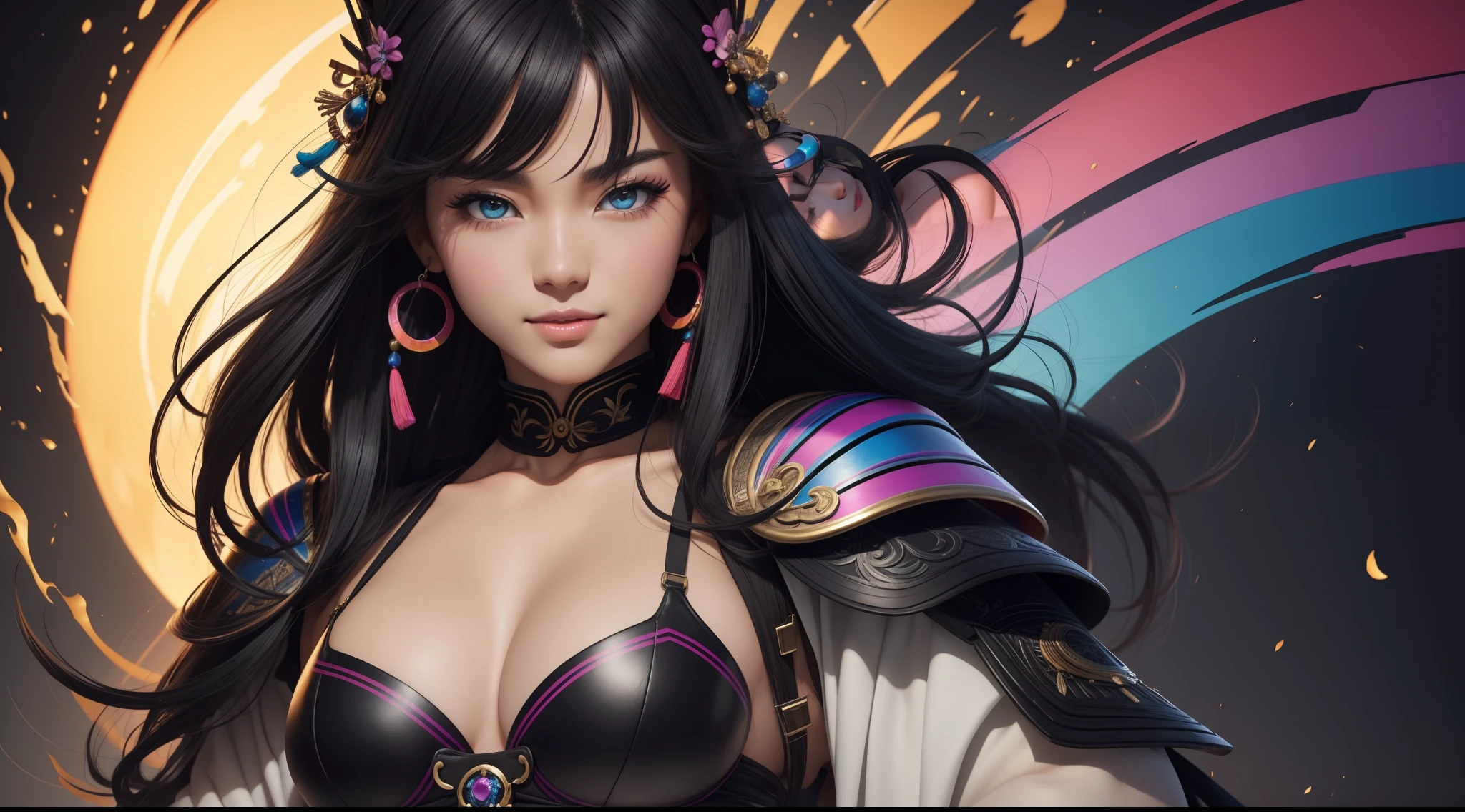 "20 years old cheerful Fubuki is a real masterpiece with feminine beauty, perfect anatomy. Olpntng style, colorful rainbow, black samurai outfit, clean design, epic Instagram, artstation, full full of color paint streaks, circles, contours When you look at her Beautiful eyes you will clearly see every little detail and perfect lines, every detail on the skin is beautiful in 8K quality. Mesmerized by the confidence that radiates from every glance. His head has black hair and his face has been meticulously painted in every detail with 8K image quality."