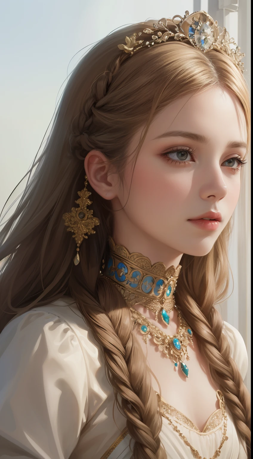 (Ultra-high quality masterpiece,Beautiful bust of an 18-year-old noble girl,Classical braids,The eyes are shiny and clear,Floral craftsmanship,Crystal jewelry,Ultra-fine details,Soft lighting)