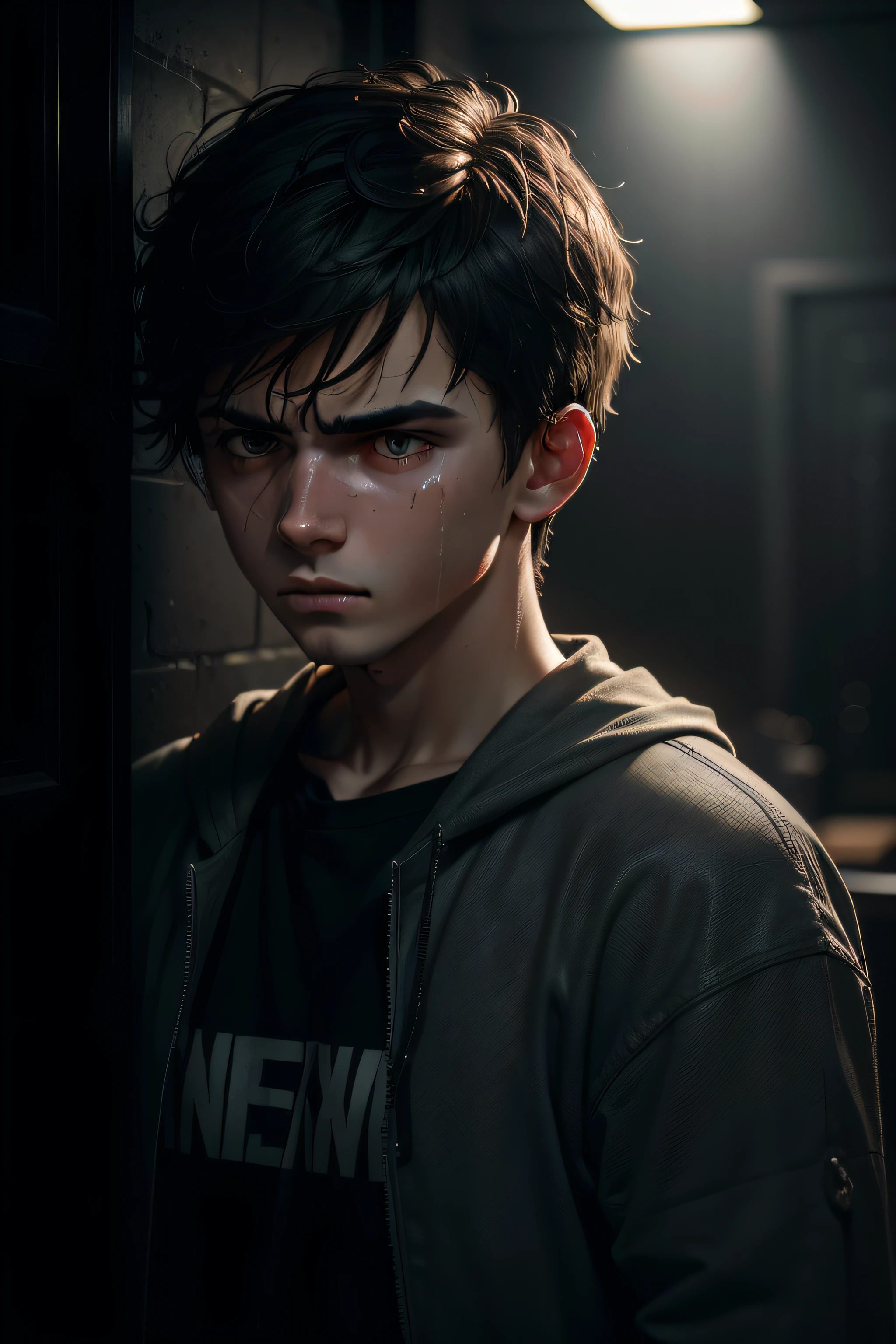 (sharp focus:1.2), an award-winning shot of a depressed casual boy teenager, thunderstorm outside, dull backlighting, extremely detailed skin, extreme sadness, hopelessness, bleary eyes, (deep shadows:1.1), high contrast, beautiful cried eyes, absurd, 8k, (high quality: 1.3), artstation hd, concept art, detailed sad face and body, award winning photography, (moody lighting:1.2), depth of field , bokeh, 4K, HDR