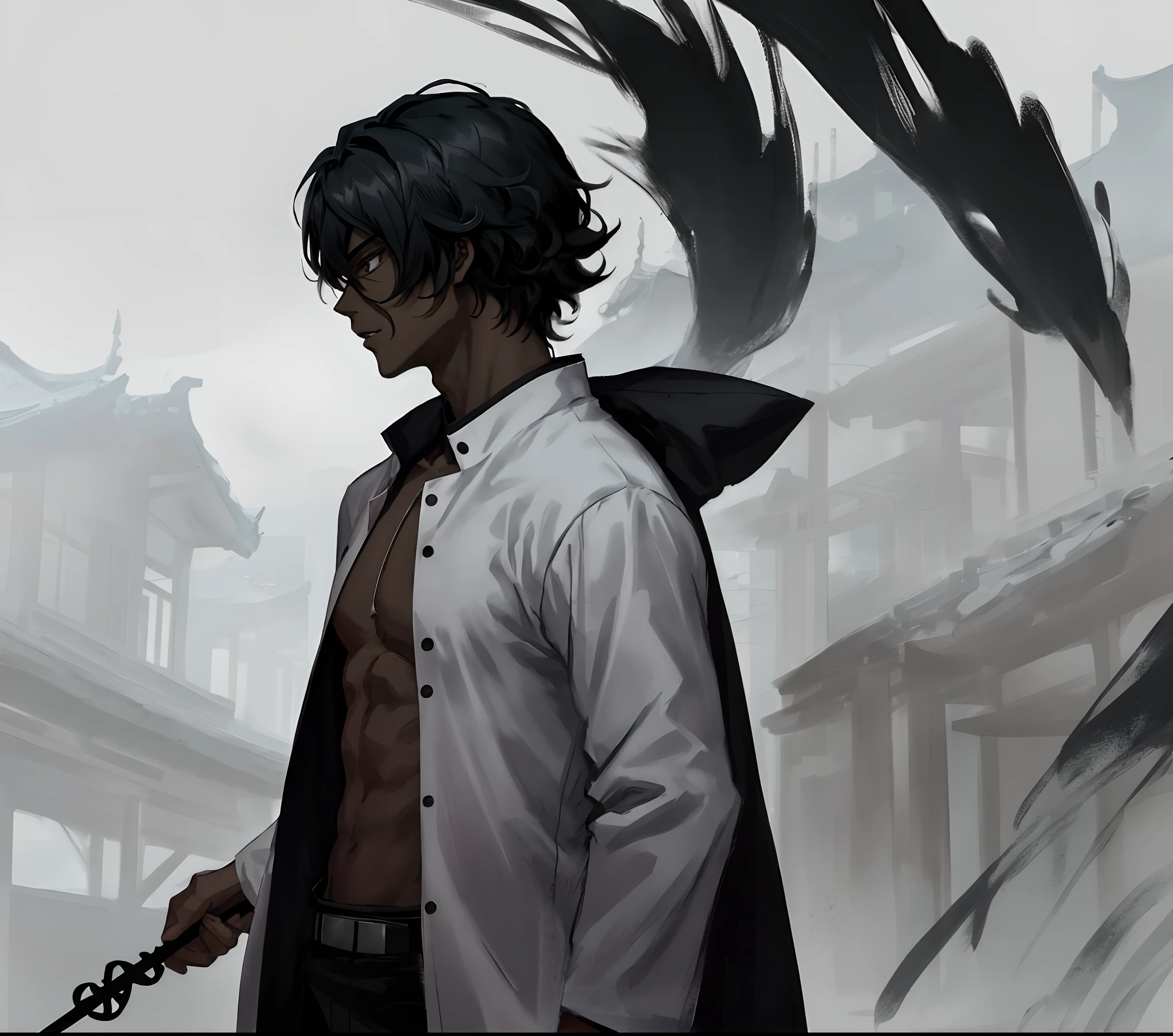 Anime man with black, curly hair, tall anime guy, 2 d anime style, spear, he has dark black hairs, zerochan art, black haired, zerochan, Male live-action anime style, male anime character，Anime realistic style, brown skin, cool tone skin, horror style, asian guy, big boobs, manhua style