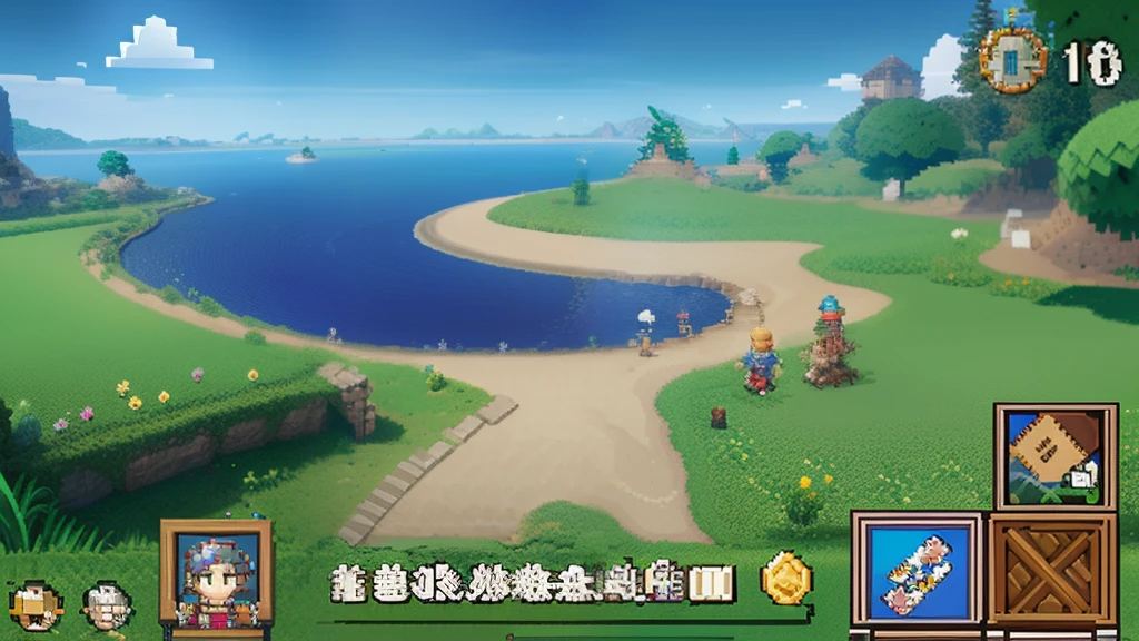 鸟山明风格，Flat pixel games《dragon quest》，Game scene design，（a paradise：1.4），16-bit pixels