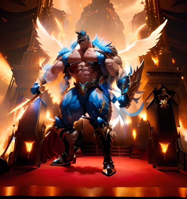 a close up of a demon hulk looking male standing on a stage wearing giant gloves the side of quarter of his body side, with large wings like an angel, very muscular body, bodybuilder, mmo style character costume.