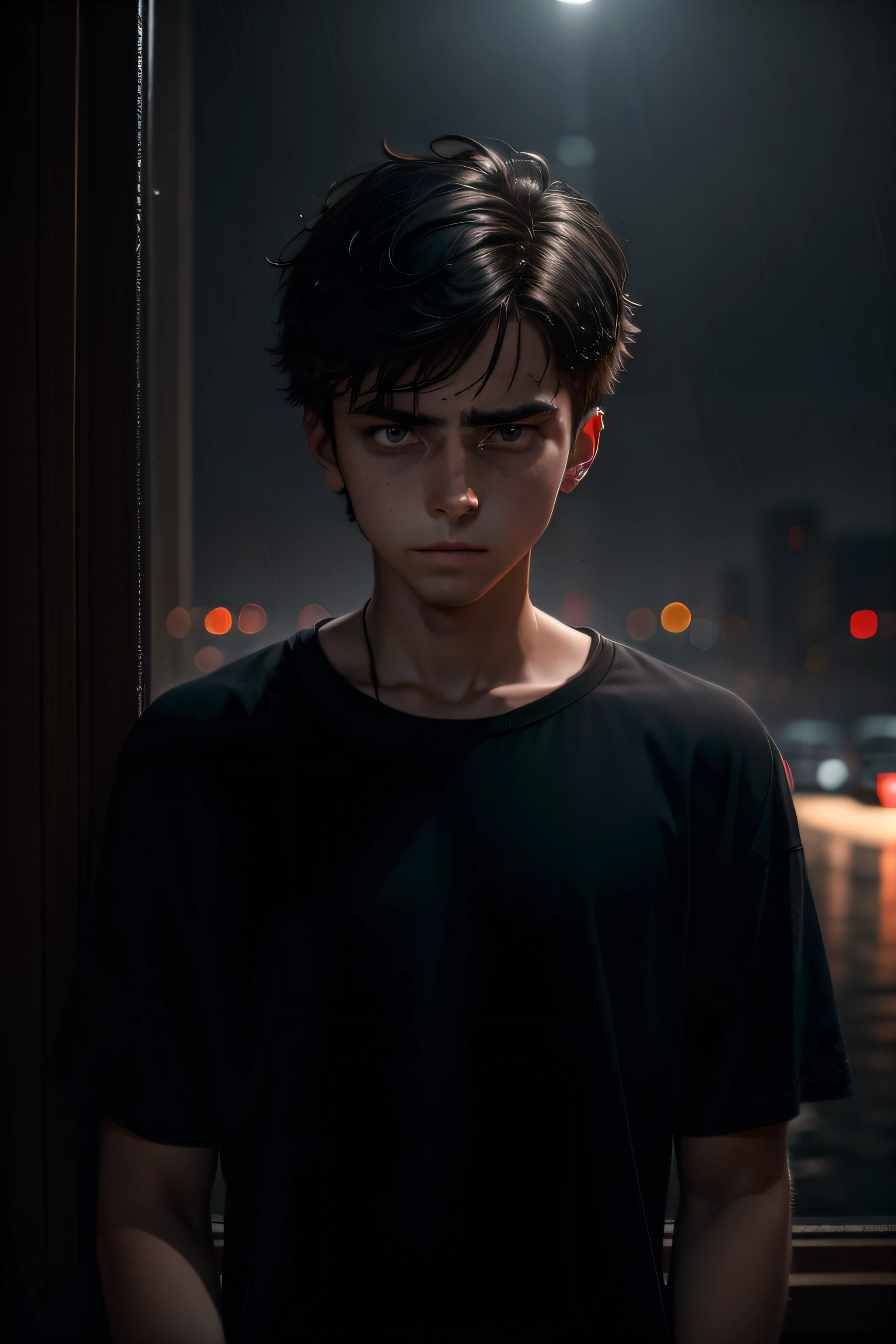 (sharp focus:1.2), an award-winning shot of a depressed casual boy teenager in early twenties, thunderstorm outside, dull backlighting, extremely detailed skin, extreme sadness, hopelessness, bleary eyes, (deep shadows:1.1), high contrast, beautiful cried eyes, absurd, 8k, (high quality: 1.3), artstation hd, concept art, detailed sad face and body, award winning photography, (moody lighting:1.2), depth of field , bokeh, 4K, HDR