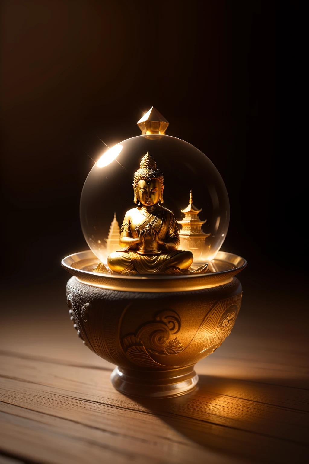 best quality, realistic, photorealistic, ultra detailed, Miniature landscape,Chinese architecture,a Buddhist Buddha,bodhisattva,Light,ice cubes