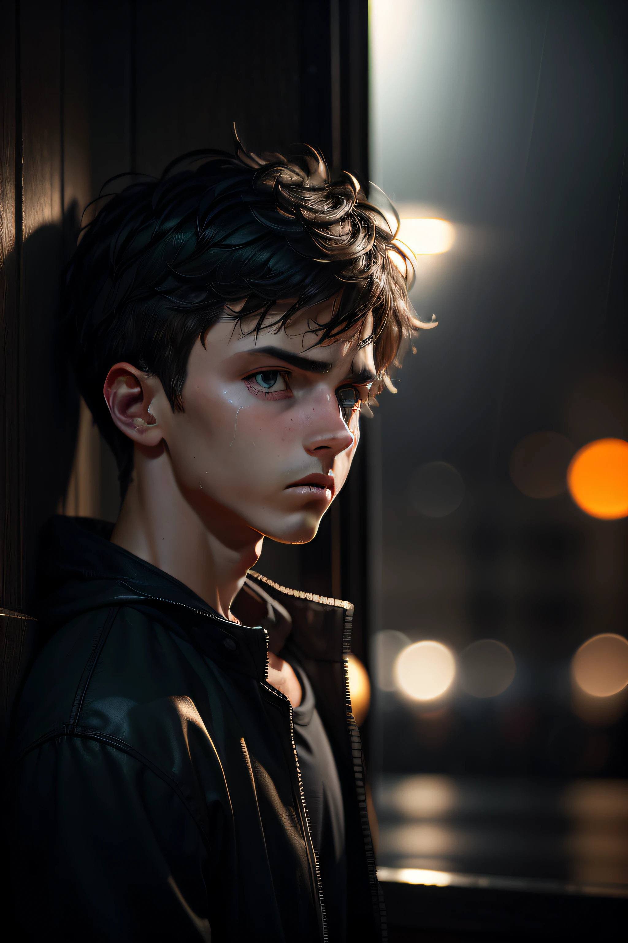 (sharp focus:1.2), an award-winning shot of a depressed casual boy ager, thunderstorm outside, dull backlighting, extremely detailed skin, extreme sadness, hopelessness, bleary eyes, (deep shadows:1.1), high contrast, beautiful cried eyes, absurd, 8k, (high quality: 1.3), artstation hd, concept art, detailed sad face and body, award winning photography, (moody lighting:1.2), depth of field , bokeh, 4K, HDR