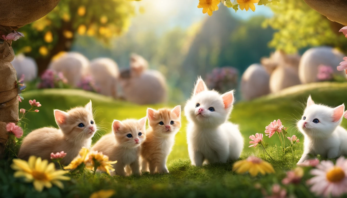Generate a bright and crisp computer background,The picture includes cute and smart kittens、Well-behaved piglets, pigs, and fluffy bunnies play,The picture comes to life,The whole scene is grand,There is no sense of discord,Even comparable to the movie picture