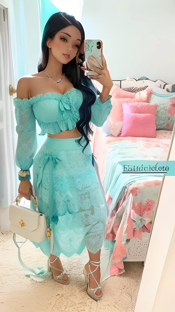 uma mulher tirando uma selfie em um quarto com uma cama e um espelho, sky blue, verde pastel, turquesa, intrincado e detalhado conjunto de rendas, Topo de colheita, estilo tiffany, teal, roupa intrincada, azul pastel, with teal clothes, estilo pastel, estilo sexy, Turqouise, renda, sexy :8, katelynn mini estilo bonito, vibrant aesthetic