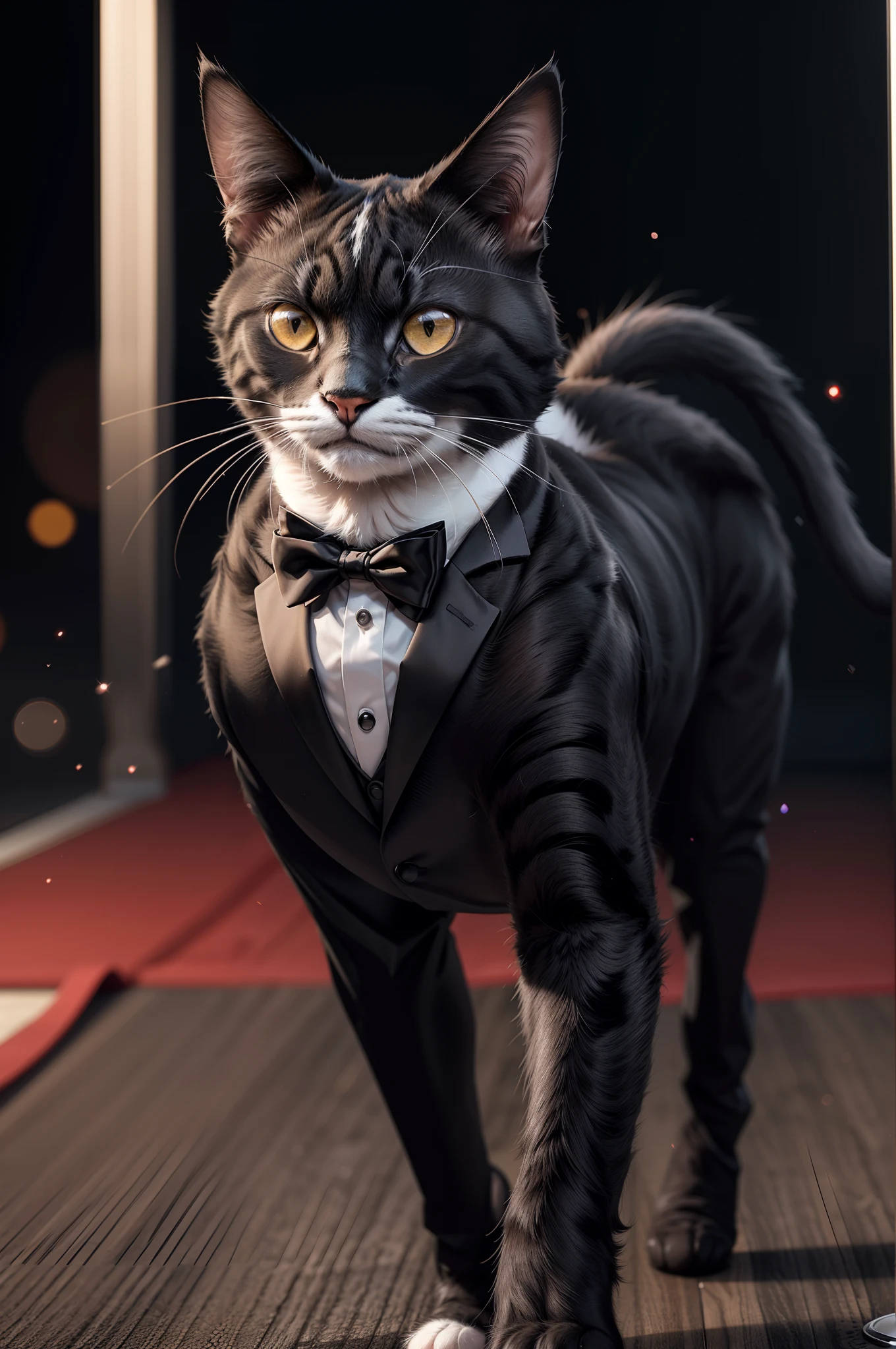 A anthro cat wearing a tuxedo, black and white cat, walking the red carpet, bokeh, raytracing, realistic textured skin, particle effects, depth of field, ERA09NEGV1