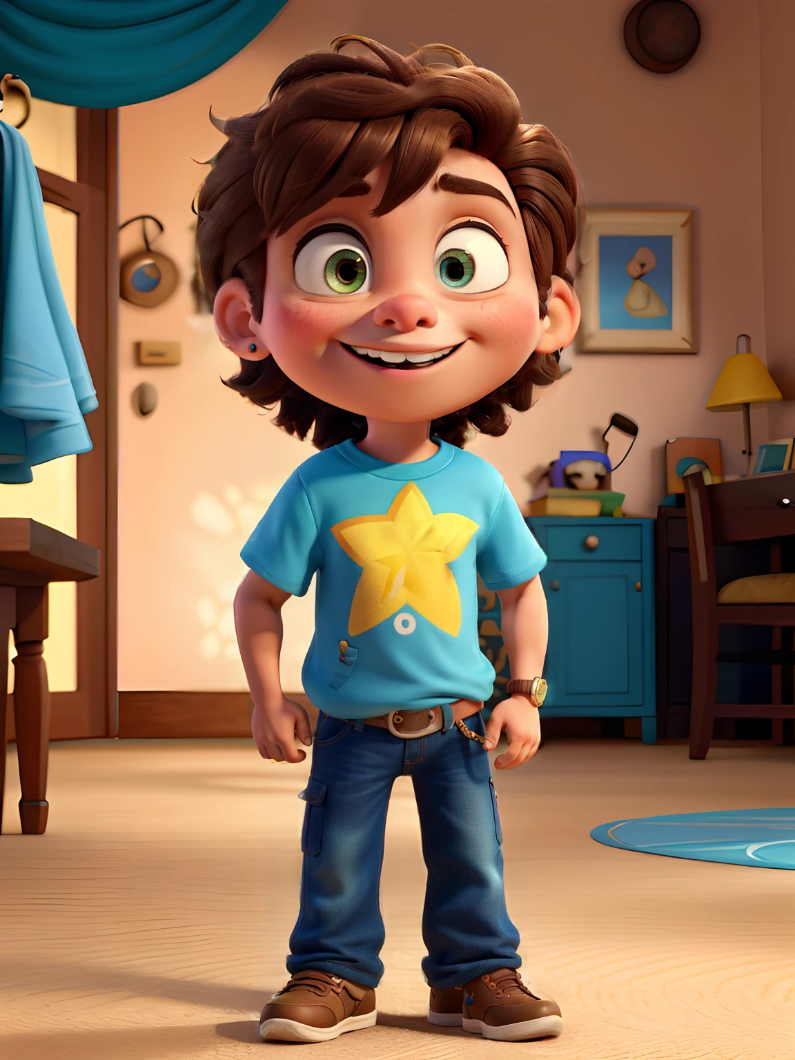 obra prima de um belo jovem, aproximadamente 20 anos, brown hair ultra definition blonde hair, pele branca, conjunto de camiseta preta, bermuda branca, High Definition Hiphop Gold Cord, Pixar, Disney, olhos castanhos, Pixar style in high definition pixar style, Disney in Ultra Definition, ao fundo uma escadaria estilo disney pixar, with vivid colors in high definition,em uma escadaria colorida, professional studio cinematic lighting, with high-definition colors and details