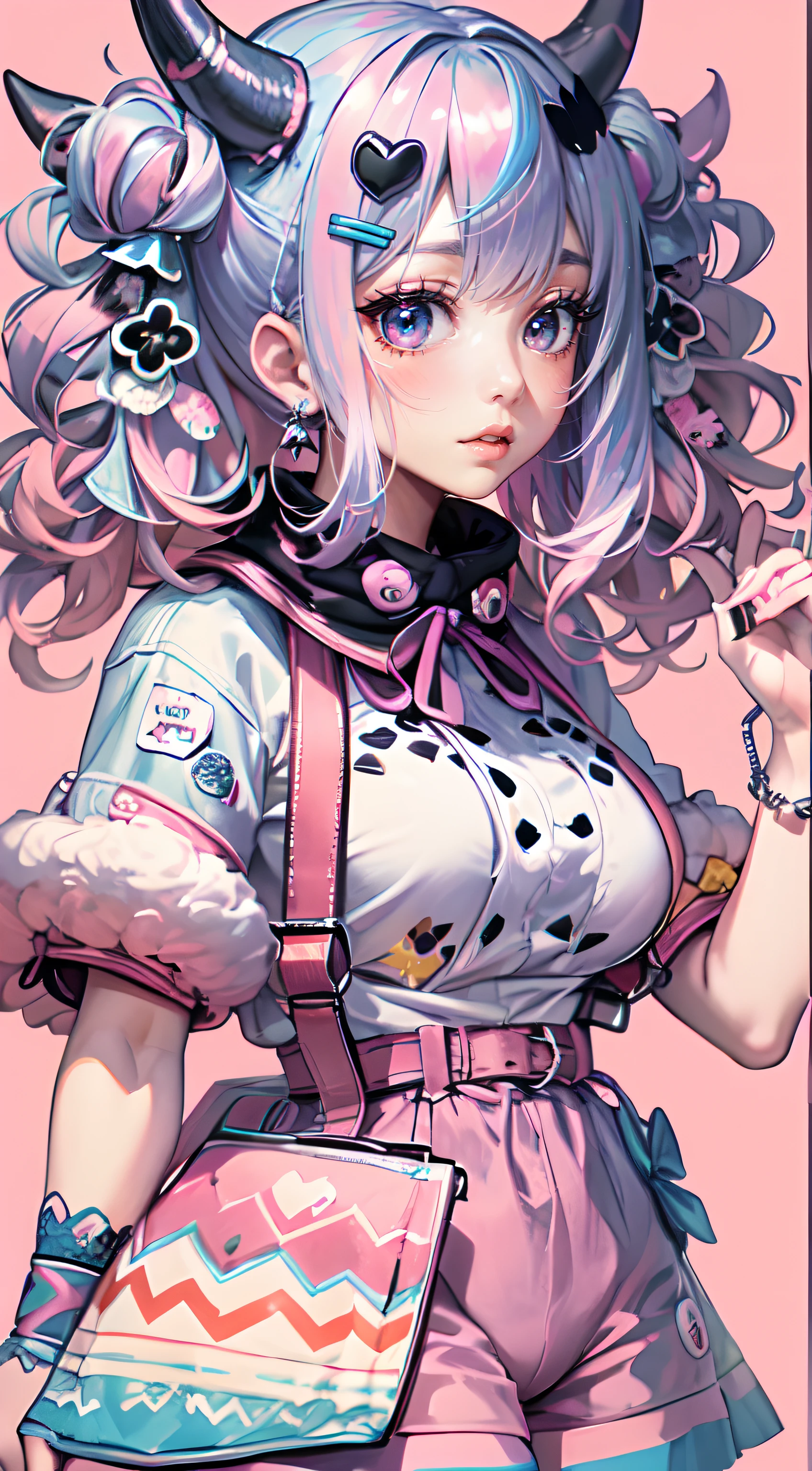 "kawaii, cute, adorable woman with pink, black and rainbow color scheme. She is dressed in sky-themed clothes made out of clouds and sky motifs. Her outfit is fluffy and soft, with decora accessories like hairclips. She embodies the vibrant and trendy Harajuku fashion style.", horns, demon wings, big boobs,big ass, big lips, juicy lips, huge hair, glitching, glitchy, hacking, computer,digital