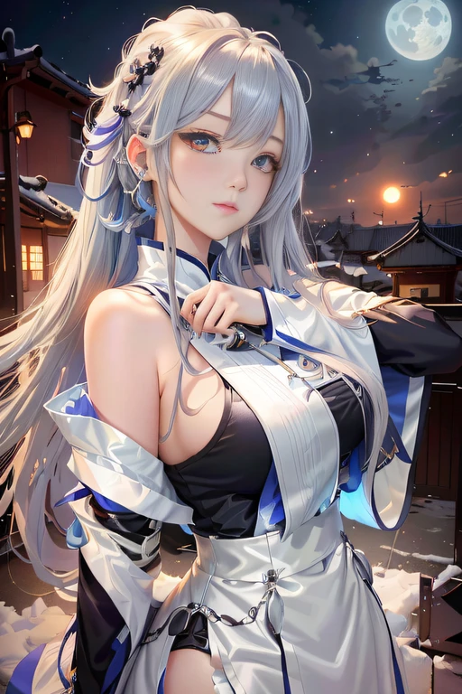 1girl, japanese clothes, ponytail ,white hair, purple eyes, magic circle, blue fire, blue flames, wallpaper, landscape, blood, blood splatter, depth of field, night, light particles, light rays, sidelighting, thighs, fate \(series\), genshin impact, ****, open jacket, skirt, thighhighs, cloud