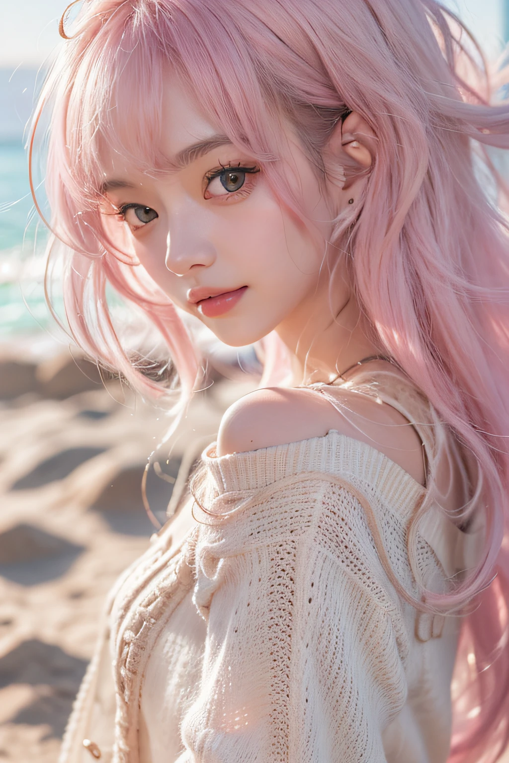 (Best Quality Detail)、realisitic、8K UHD、hight resolution、(1girl in:1.2)、The ultra-detailliert、High quality textures、intricate detailes、ultra-detailliert、Very detailed CG、High quality shadows、Detail Beautiful delicate face、Detail Beautiful delicate eyes、depth of fields、Ray traching、in her 20s、Pretty Kpop Girl、(Korean Urzan Face)、Slender face、(ulzzang -6500-v1.1:0.6)、pureerosface_v1、gloweyes、perfectbody、 look at viewr、(Best Quality Detail:1.2)、realisitic、8K UHD、hight resolution、(1girl in:1.2)、The ultra-detailliert、High quality textures、intricate detailes、teak、Glossy lips,(Delicate and best smile)、high-level image quality, The highest image quality, top-quality, Photorealsitic, 4K 8K UHD Full Color RAW Photos, Fuji Film(Medium format), Hasselblad, Carl zeiss, (Knee shot)、hight resolution, High pixel count, clear details, crisp image, Natural color reproduction, Noise Reduction, High fidelity, qulity, Optimized algorithms, Pro-level retouching,(Long straight pink hair)、Description Beautiful delicate hair、White cardigan、Moe Sleeve、Denim Damaged Jeans、bare-legged、the beach、sand beach、(Delicate and best smile)、Sunnyday、Delicate sky、the setting sun