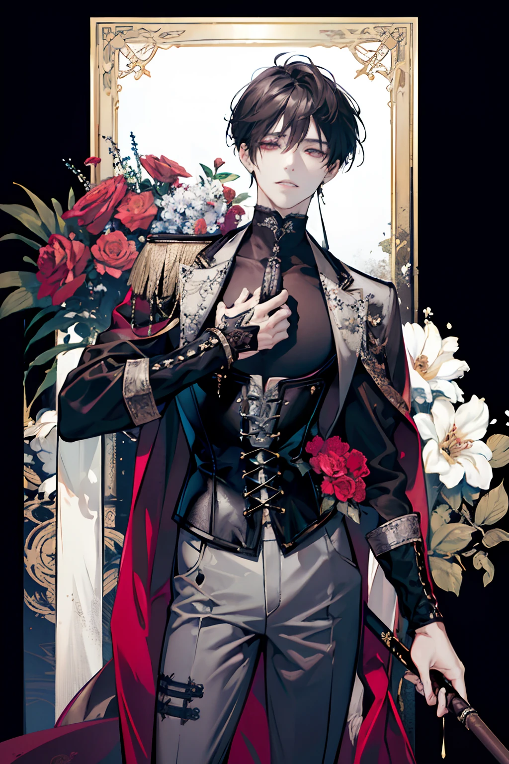 (absurderes, A high resolution, Ultra detailed), 1人, 30 years old man, adult man, Handsome, Tall,, finely detailed eyes and detailed face, Leather pants, (((Open chest))), (((Lower chest corset))), Huge,The kinky is exposed ,Big breasts that expose the,Pornographic,Night, Smile, Dutch angle, ((Long hair, Gray hair)), golden detailing, Gothic, Vampire, Vampire Prince, Dark, Simple clothes, Looking at the view, brown tanned skin, Detailed eyes, (Masculine), Sexy, elegant, Long bangs, Detailed hands, (((Gray eyes))), Corset