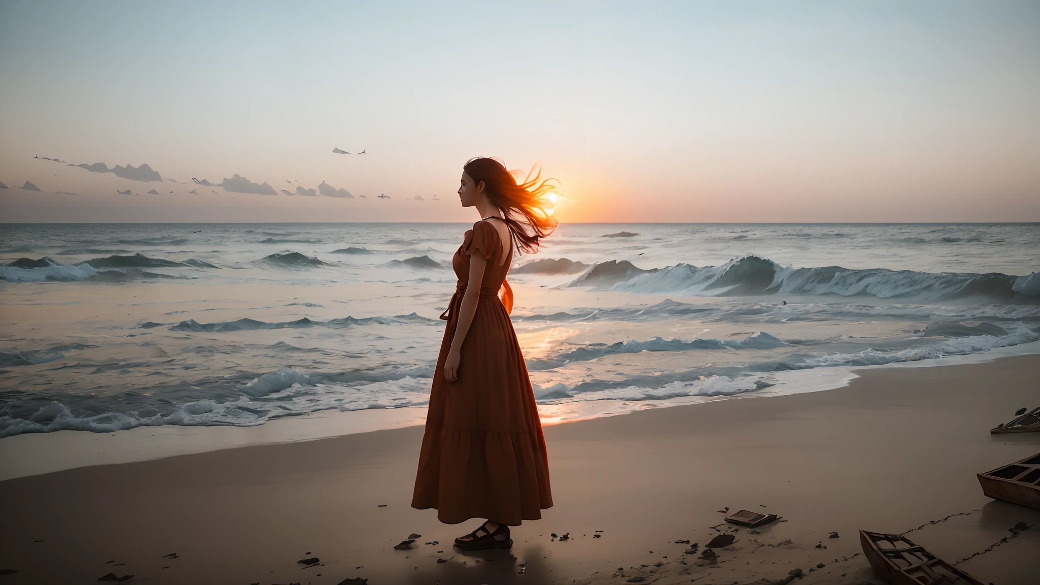 A young woman in a vintage dress, standing alone on a desolate beach at sunset, wind tousling her hair, a shipwreck in the distance, conveying a sense of solitude and nostalgia, Photography, using a 50mm prime lens, f/2.8 aperture, --auto --s2