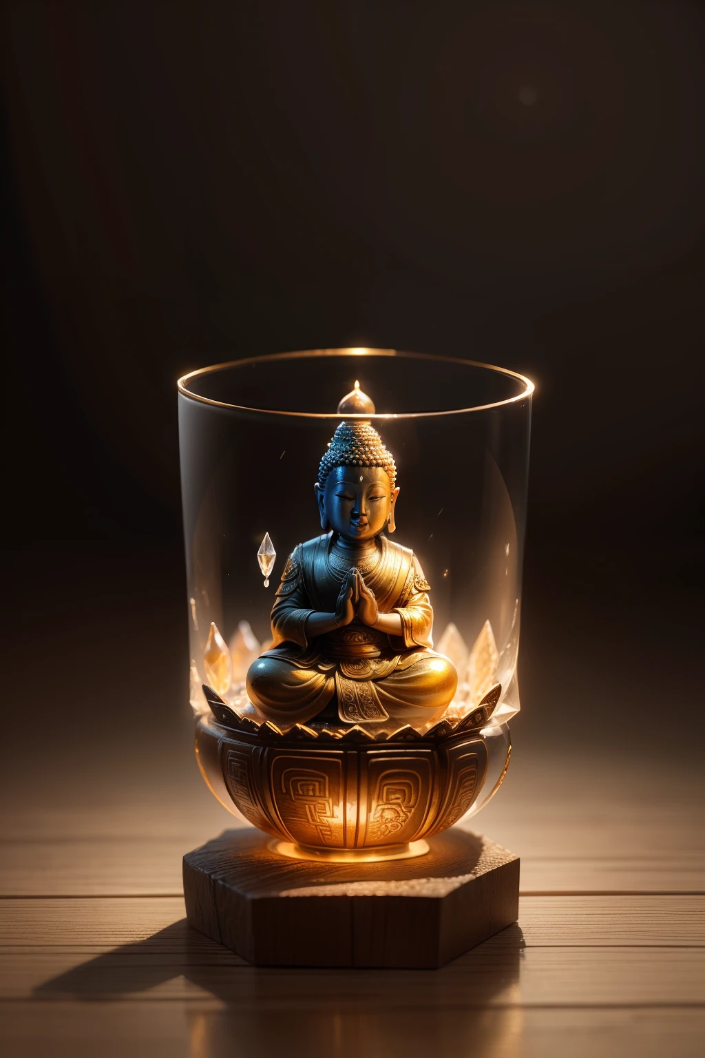 best quality, realistic, photorealistic, ultra detailed, Miniature landscape,Chinese architecture,a Buddhist Buddha,bodhisattva,Light,ice cubes