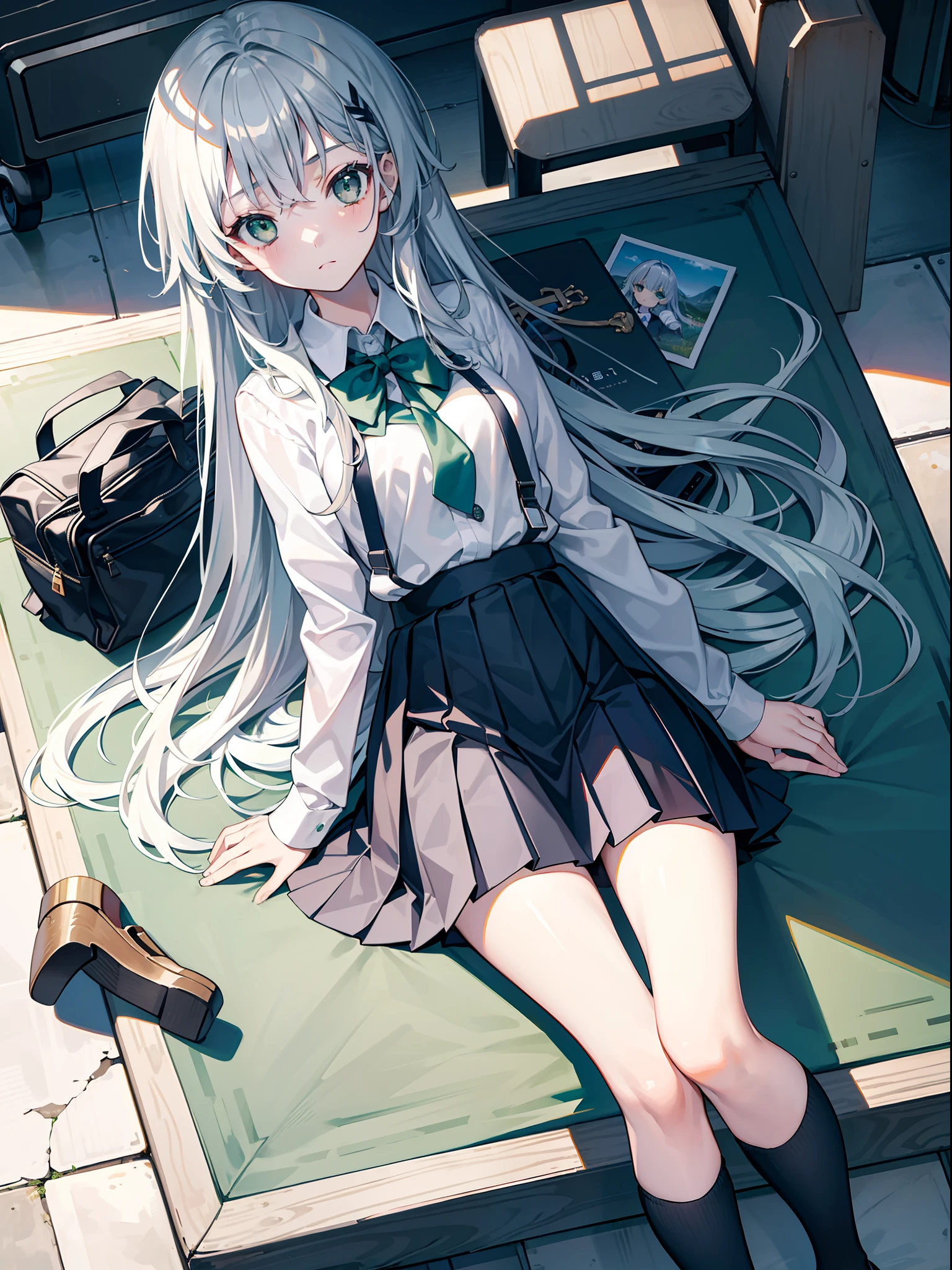 (8K、top-quality、tmasterpiece:1.2)、1 girl in、long straight silver hair、Green eyes、small tits、School Uniform Shirts、skirt by the、Serious face