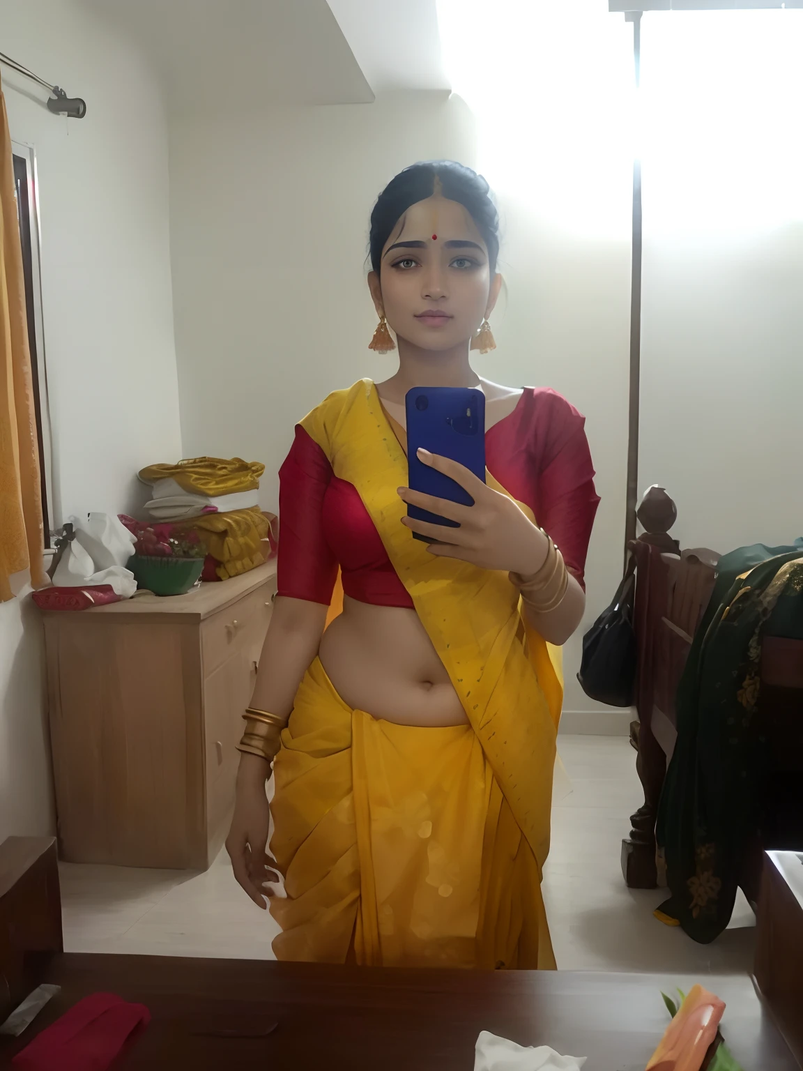 there is a woman in a yellow sari taking a selfie, wearing sari, dressed in a sari, wearing a sari, with yellow cloths, wearing bihu dress mekhela sador, traditional beauty, indian goddess, wearing red and yellow clothes, assamese aesthetic, candid photograph, wearing yellow croptop, 3 0 years old woman, 26 years old woman,  seductively looking in front