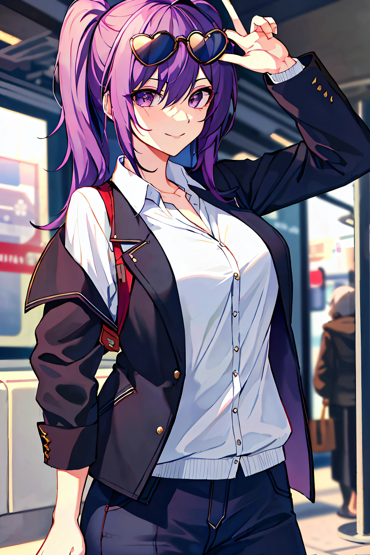 (Masterpiece:1.2, Best quality), 1lady,solo，1girll, KafkaHKS, Smile，sunglasses, eyewear on head, Jacket, White shirt，Purple colored hair，Purple eye，Wait for the incoming train at the subway station，Look at the other person，sharp