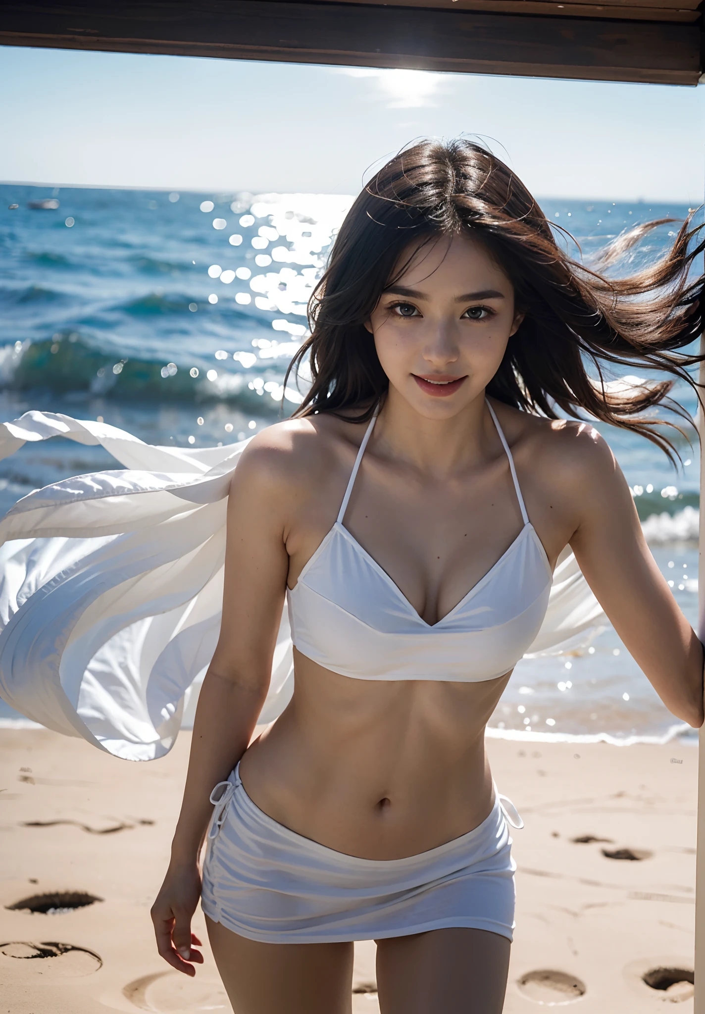 Top image quality、超A high resolution、​masterpiece、Photo Quality(photographrealistic:1.8)、pores、accuracy、blue-sky、white clouds、 Aegean Sea, White House in Santorini、On the rooftop、Wearing only very thin robes、go commando、pale light、infp young woman、japanes、Medium Hair、The Birth of Venus、Naked、Overflowing udder、Symbolism as a woman、、Detailed description、23years old、Cute、Embarrassed smile、rays of sunshine、Lighting from the front、Shine a light into the eyes、