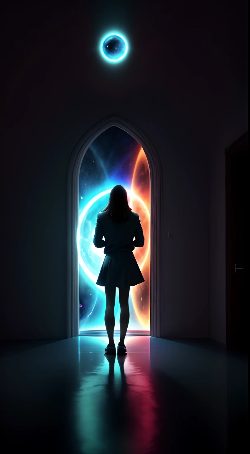 minimal style，person, standing in front of a space portal overlooking the sun,，kosmos，mistic，gateway to another universe, gateway to another dimension, world, visible only through the portal, High quality fantasy stock photo, portal to another world, portal to outer space，Looking into space, Universe, Magical Galactic Portal, The Cycle of the Stars, God，A sense of mystery，red colour，blue colors，white colors，In pink