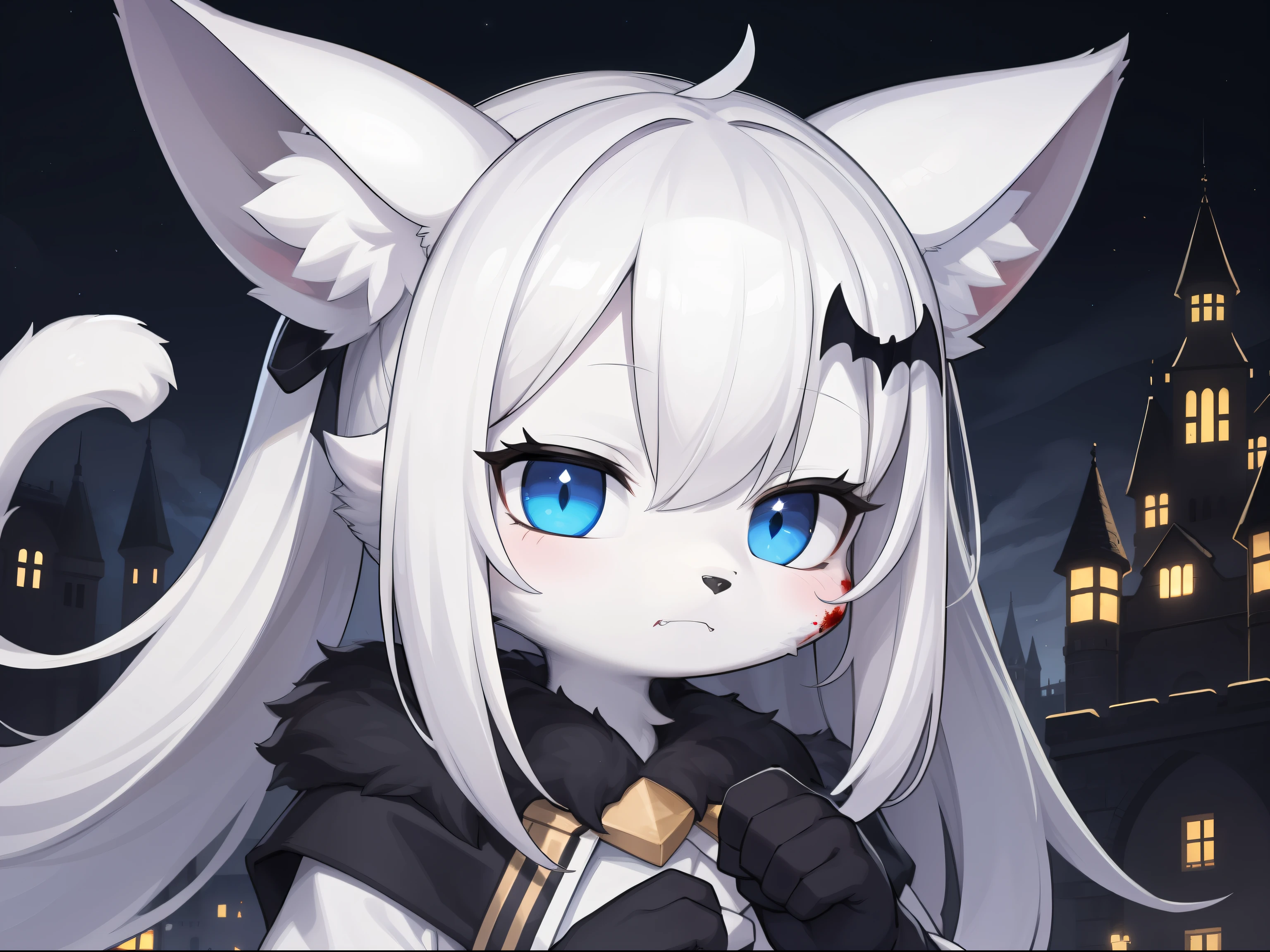 Cat Girl，was hairy，shaggy，Skin fur，White fur，Forelimb hands，hair splayed out，White ears，White face fur，White hair, hair splayed out, Shiny hair，Long hair，Hairline, low twintails，Blue eyes，Super cute face，shaded, Expressionless，Empty eyes, Fangs，bat hair ornament，White dress，Ambient light，Ultra-fine fur，volumettic light，dashed eyes, bangs, light and darkcontrast, ultra high def, 巨作, Super detail，Castle background，Night，starry light，blood, blood_On_clothes, blood_On_Hands, blood_On_arma, blood_Flying splashes, blood_stain