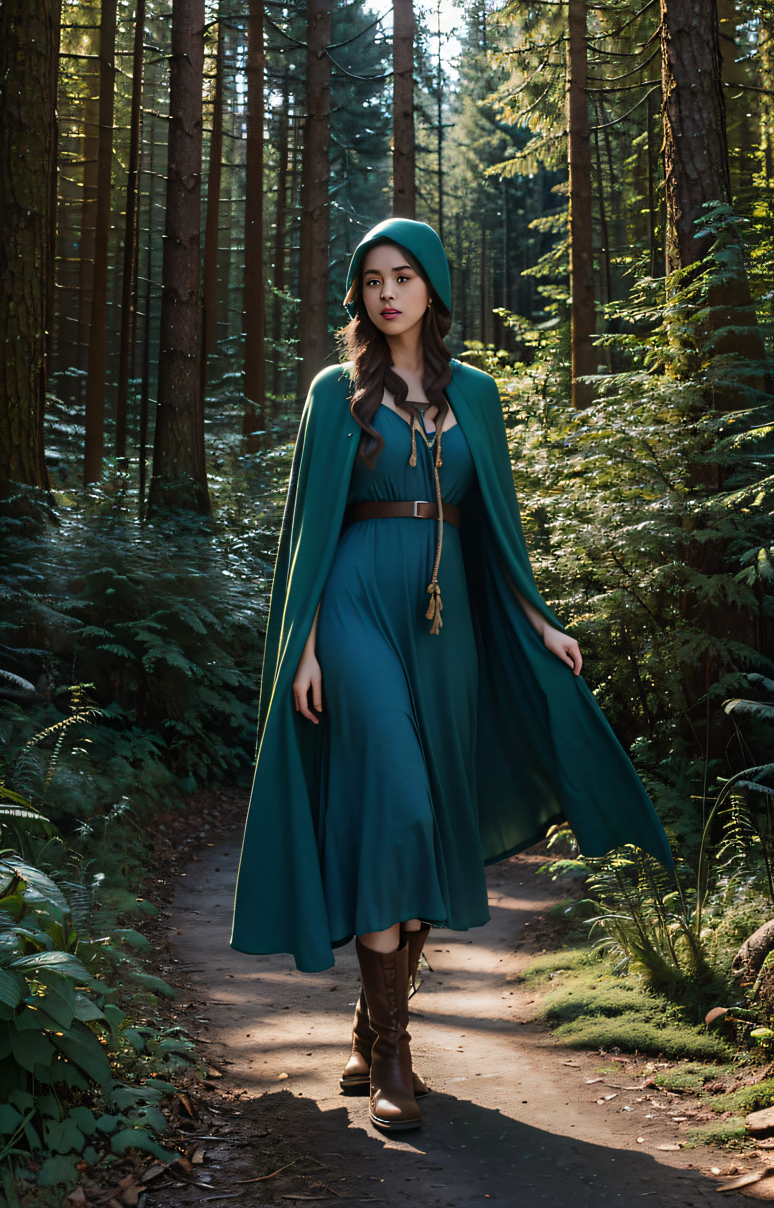 Best quality, masterpiece, ultra high res, (photorealistic:1.4), raw photo, 1healer woman in a dark forest, ((modest blue dress, green cloak, rope belt, brown boots)), ((voluptuous)), cold light