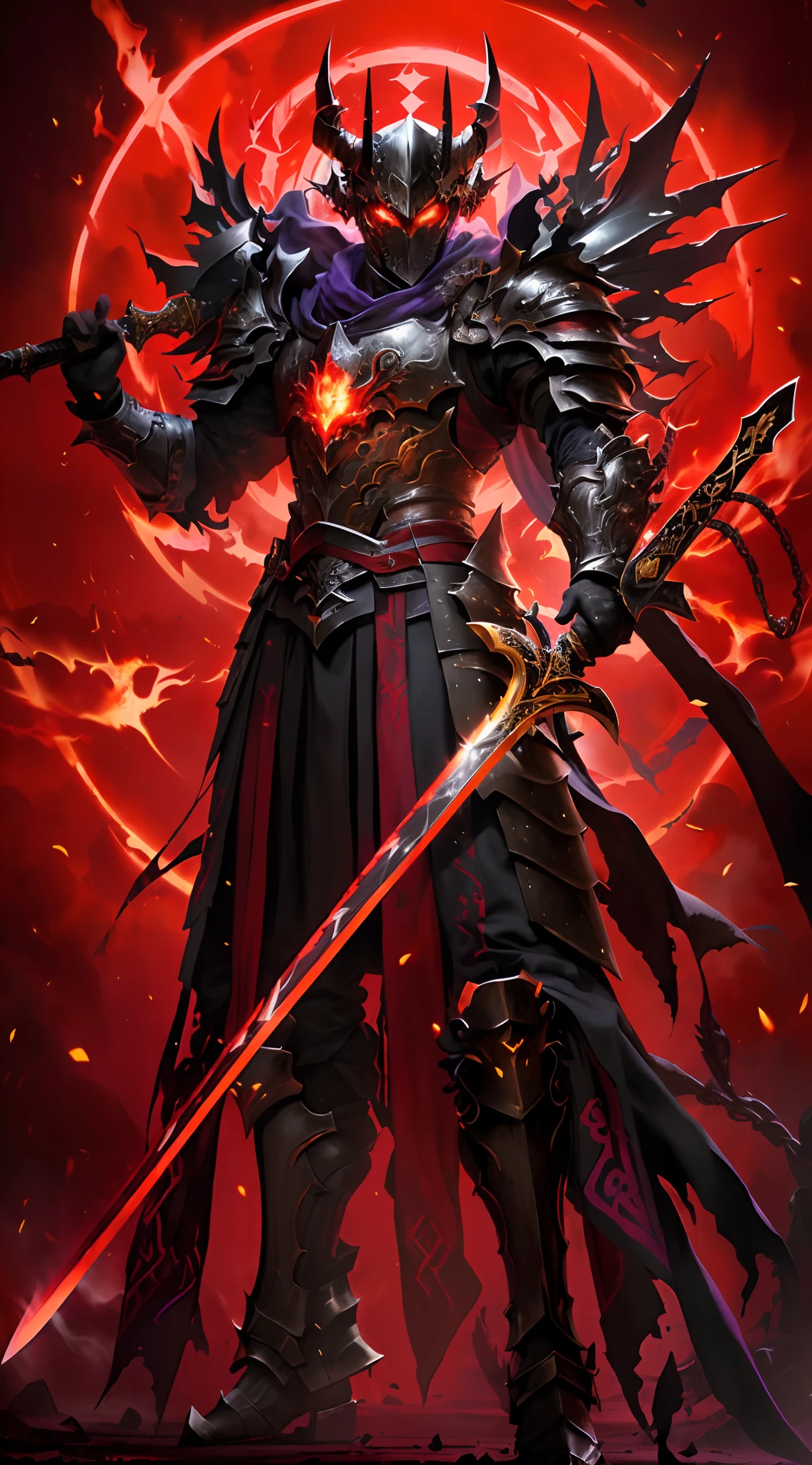 Close-up of a man holding a sword and armor, purple armor, black purple armor, purple demon armor, black fire reflective armor, demon warrior, blood knight, heavy armor and sword god of war, dragon knight, demon warrior, black and purple reflective armor, ruler of hell, Yang J, purple armor, king of cinder