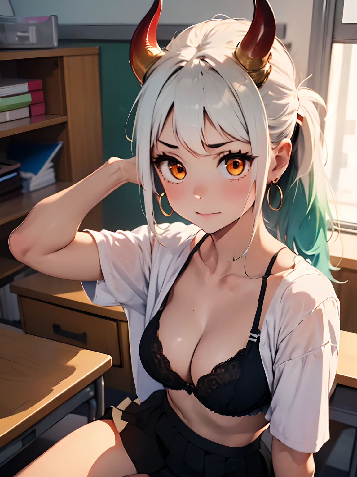 1girl with red orange horns, white hairs which are green and cyan at the ends, circular ring earings, orange eyes, hair ponytail, solo, beautiful, cute, perfect girl body figure, open chest, beautiful background, cleavage, Classroom, black skirt, sitting on a desk, lingerie bra, closeup portrait, no shirt, nsfw