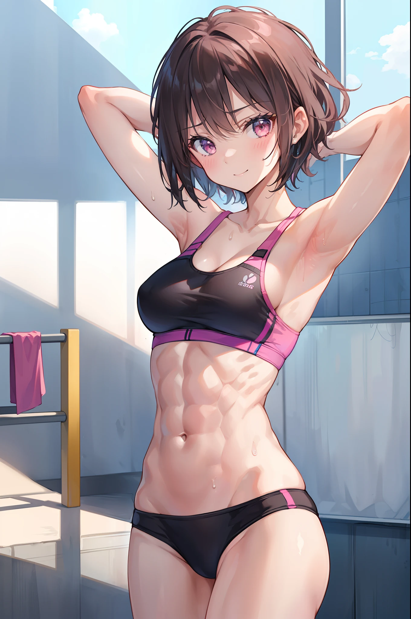masterpiece, top-quality, hight resolution, Hi-Res, ultra-detailliert, 1girl in, Full limbs, complete fingers, Slender 18 year old beautiful active girl, Brown-eyed, Slender eyes, A dark-haired, extra very short hair, ((Black skin)), (Pink and light blue sports bra, Pink and light blue sports bikini), Sports bra and sports bikini wet with sweat, Heavy sweat all over the body, wet, wetting hair, A smile, High school students, full body Esbian, Standing on one leg, Bust 86, Waist 58, Hip 88, ((full of sweat)), (Put your hands behind your head, Show the armpits:1.28), (Tempered body, Toned body, Split abs:1.38), Sexy Posing