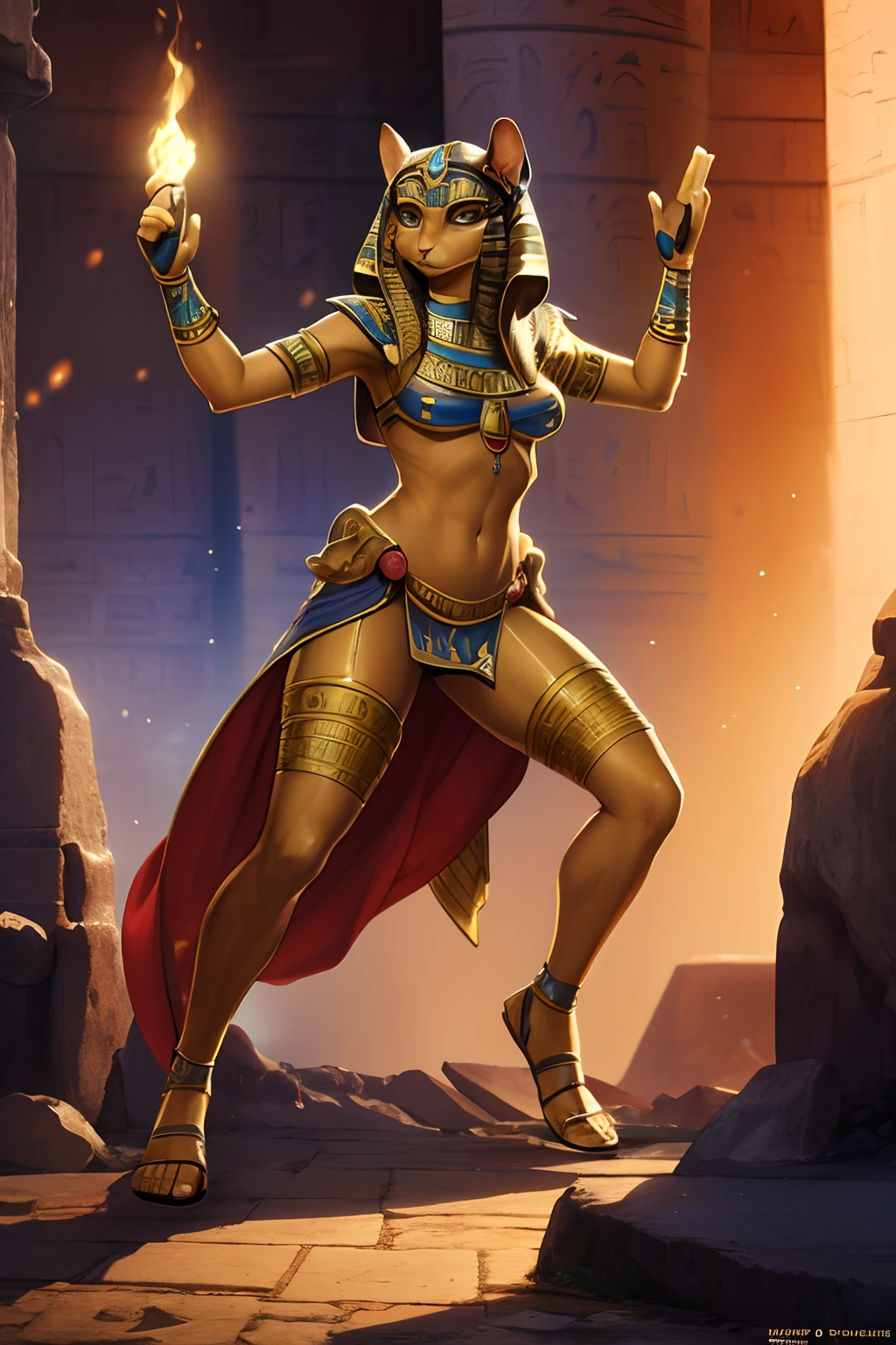 photo of Egyptian god Sekhmet , full body shot, action pose, looking at viewer, photo realistic, photo realism