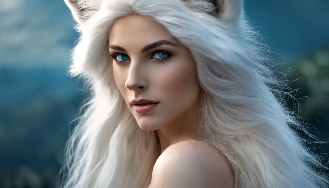 White long-haired fox-eared woman,blue color eyes,full bodyesbian