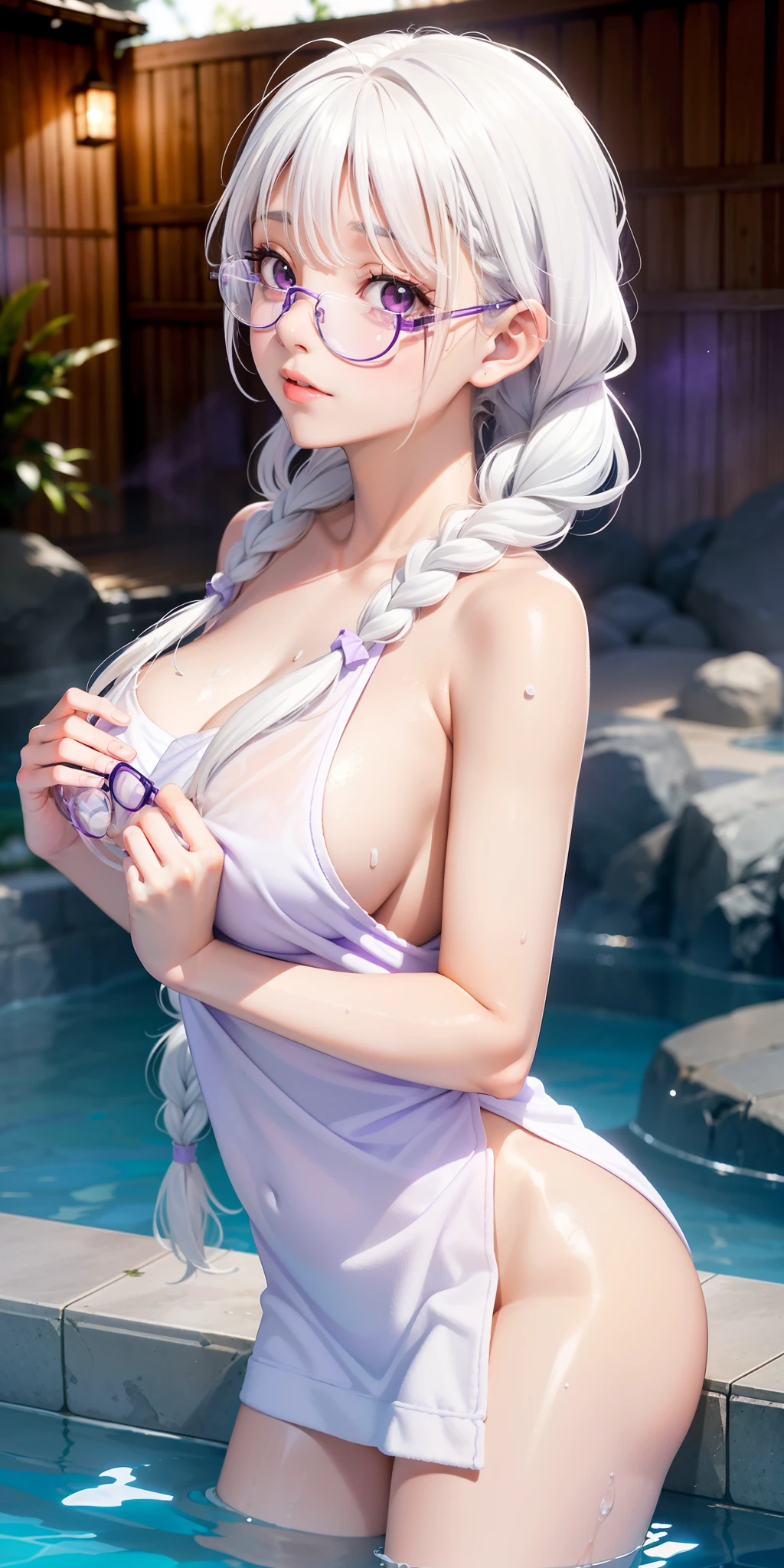 medium juicy breasts ((1girl)), ((white hair 1 long braid)), ((bright purple eyes)), ((she wears clear glasses)), towel, (onsen), perfect lighting, nsfw, she is by the pool,