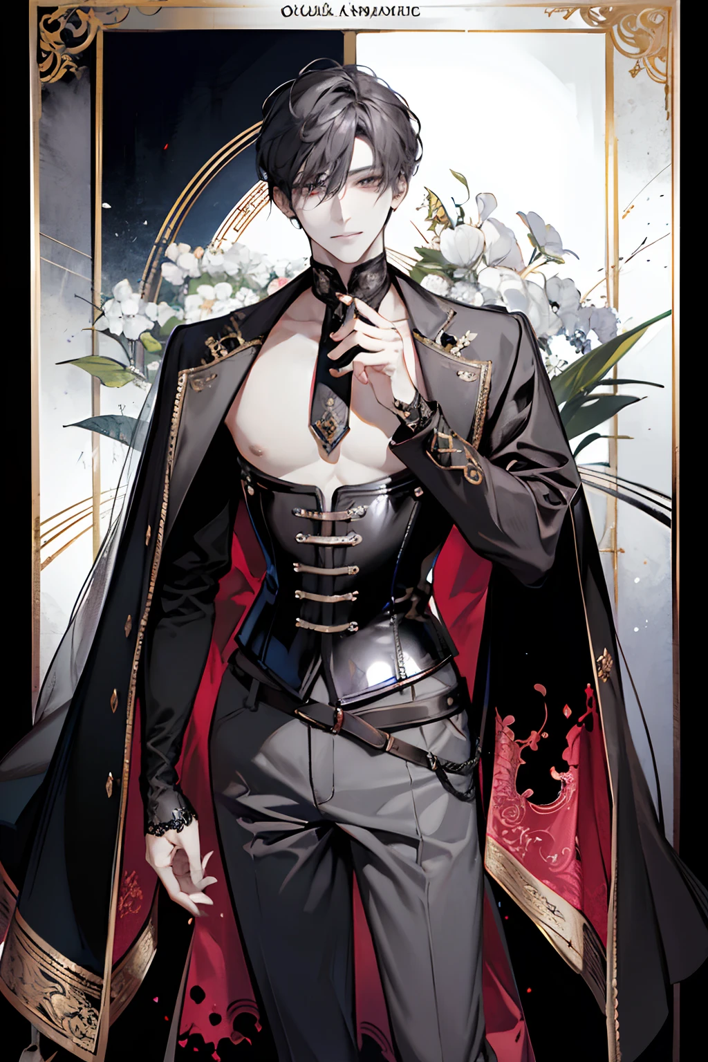 (absurderes, A high resolution, Ultra detailed), 1人, 30 years old man, adult man, Handsome, Tall,, finely detailed eyes and detailed face, Leather pants, (((Open chest))), (((Lower chest corset))), Huge,The kinky is exposed ,Big breasts that expose the,Pornographic,Night, Smile, Dutch angle, ((Long hair, Gray hair)), golden detailing, Gothic, Vampire, Vampire Prince, Dark, Simple clothes, Looking at the view, brown tanned skin, Detailed eyes, (Masculine), Sexy, elegant, Long bangs, Detailed hands, (((Gray eyes))), Corset