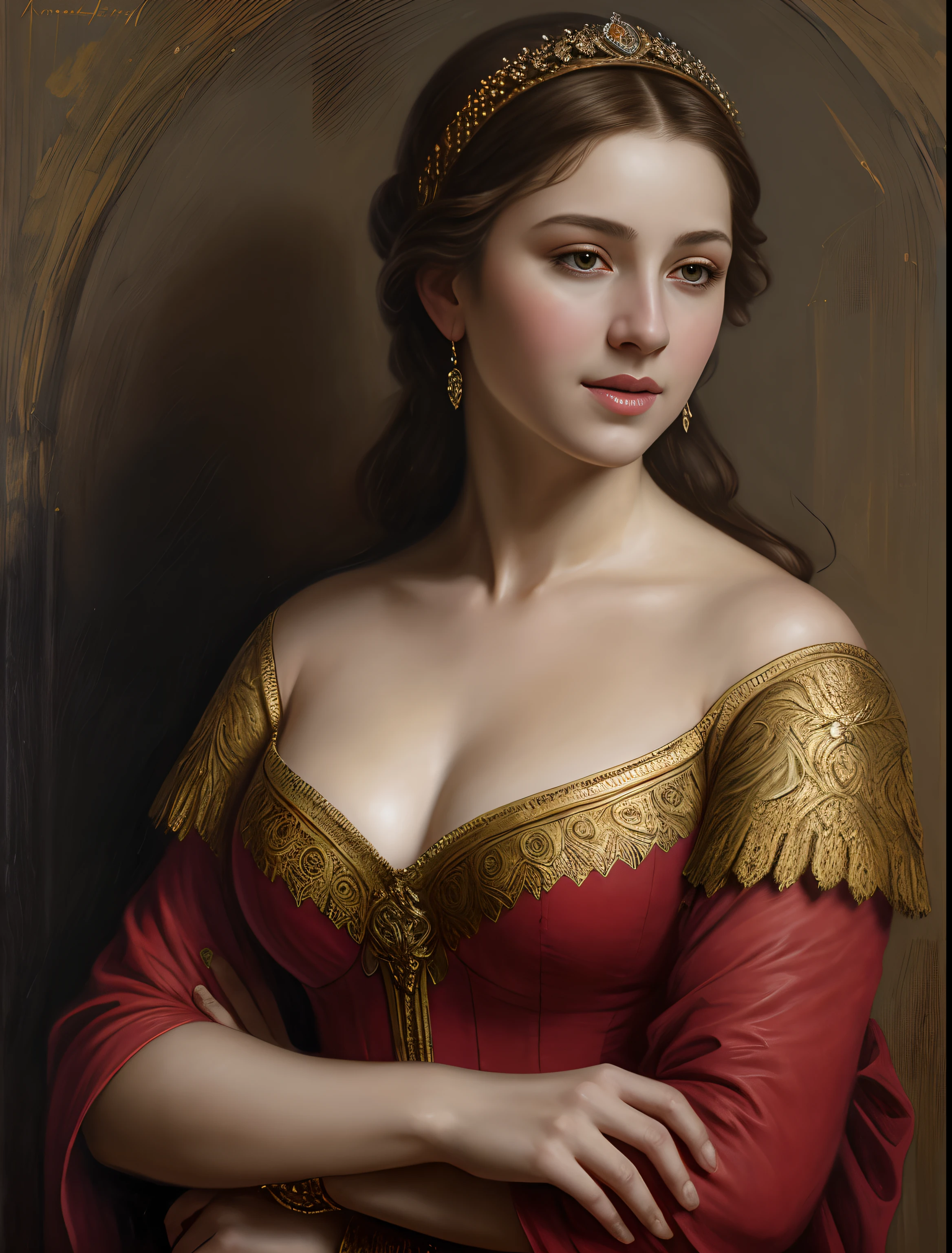 portrait, woman , middle ages, classicism, andrey atroshenko style, painting, perky breast, alluring, traditional media, realistic, figurative, fine art, oil on canvas, HDR, 8K, original character, high resolution, high detail, focus on the face